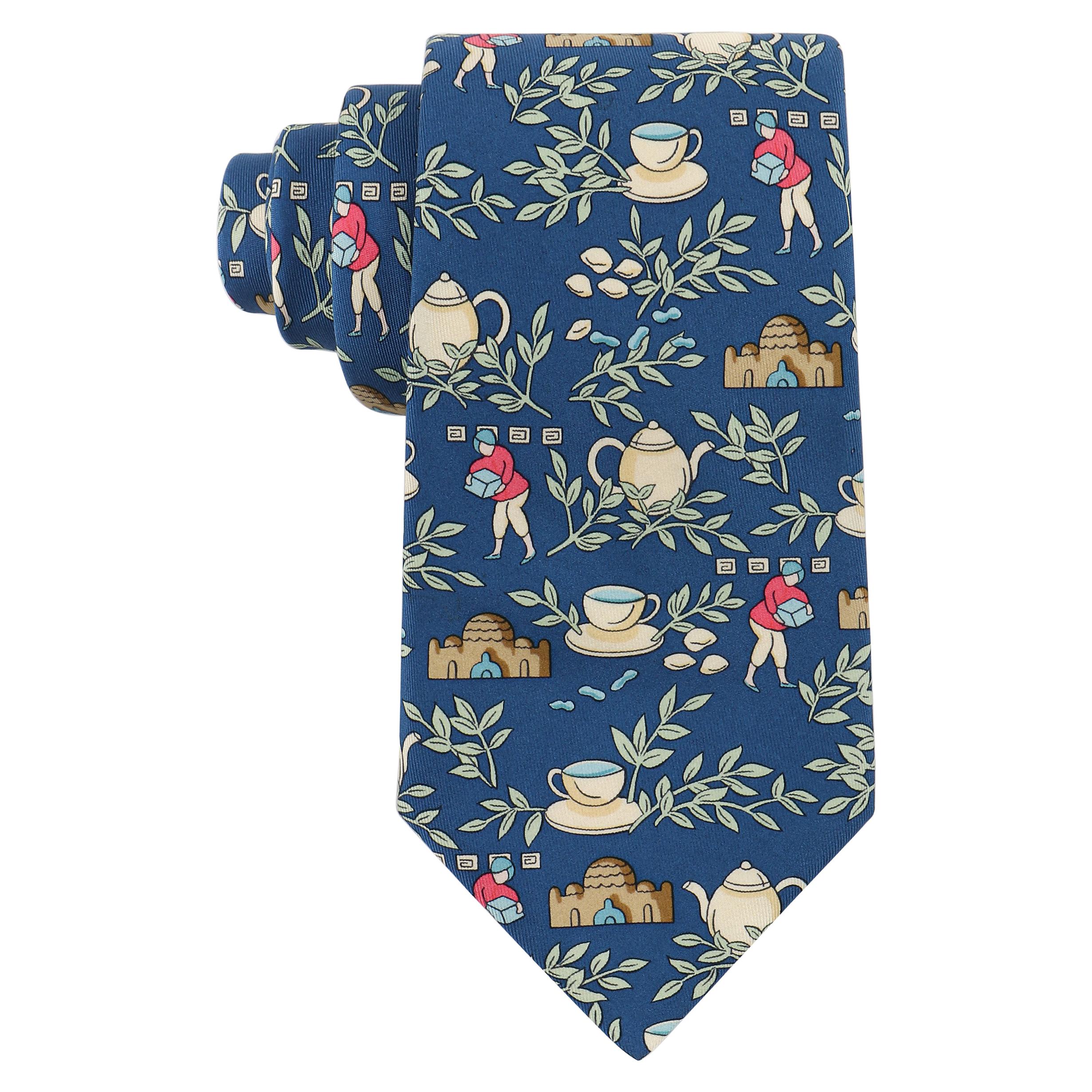 HERMES Men's Blue Multicolor Tea Set & Tea Leaf Branch Silk Necktie Tie 7501 IA