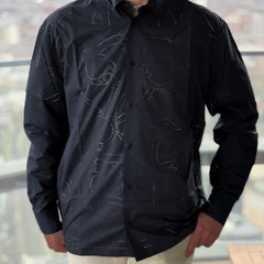 Hermes Men's Boxy Fit Cotton Shirt In Dark Blue, 3D Printed Pattern, Size 37