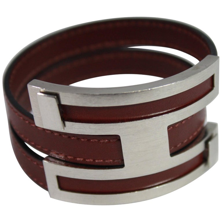 Hermes Men&#39;s Brushed steel and Leather Bracelet For Sale at 1stdibs