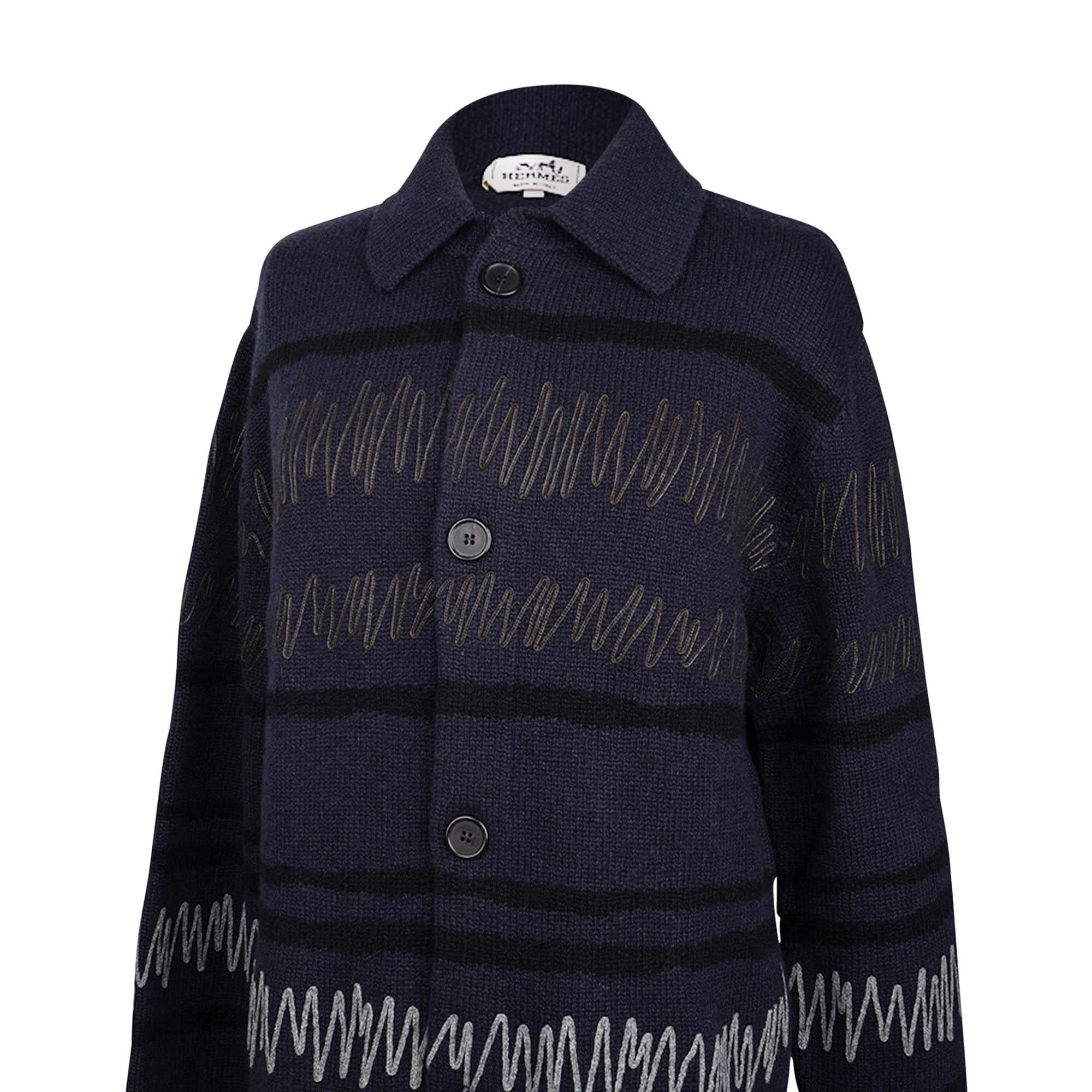Black Hermes Men's Cardigan Appliques Marine Cashmere S For Sale