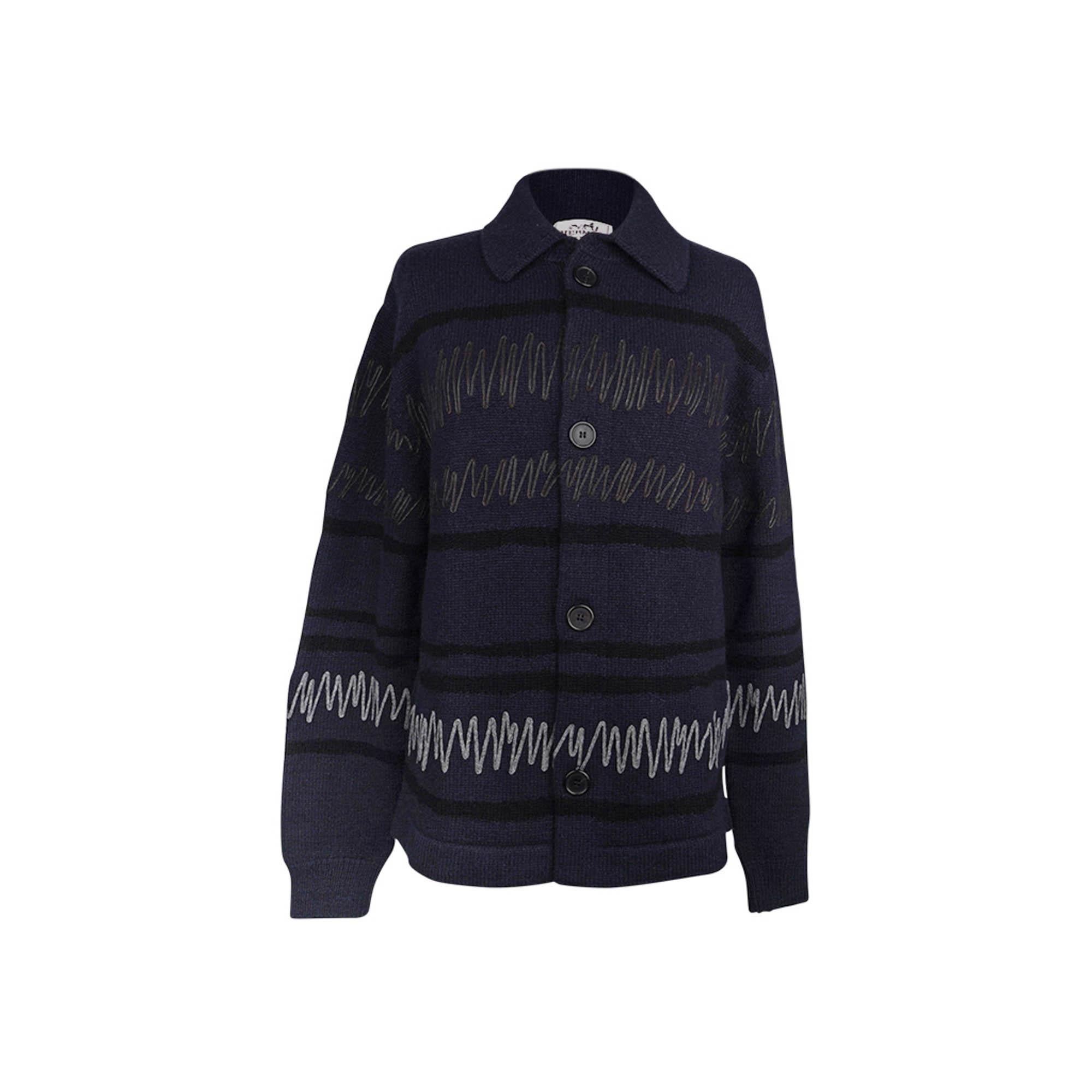 Hermes Men's Cardigan Appliques Marine Cashmere S For Sale 2