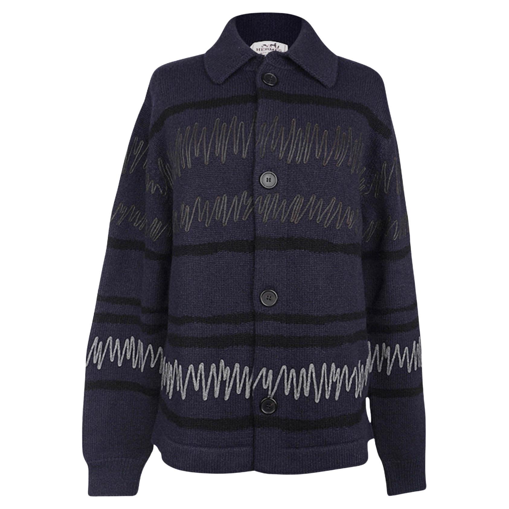 Hermes Men's Cardigan Appliques Marine Cashmere S For Sale