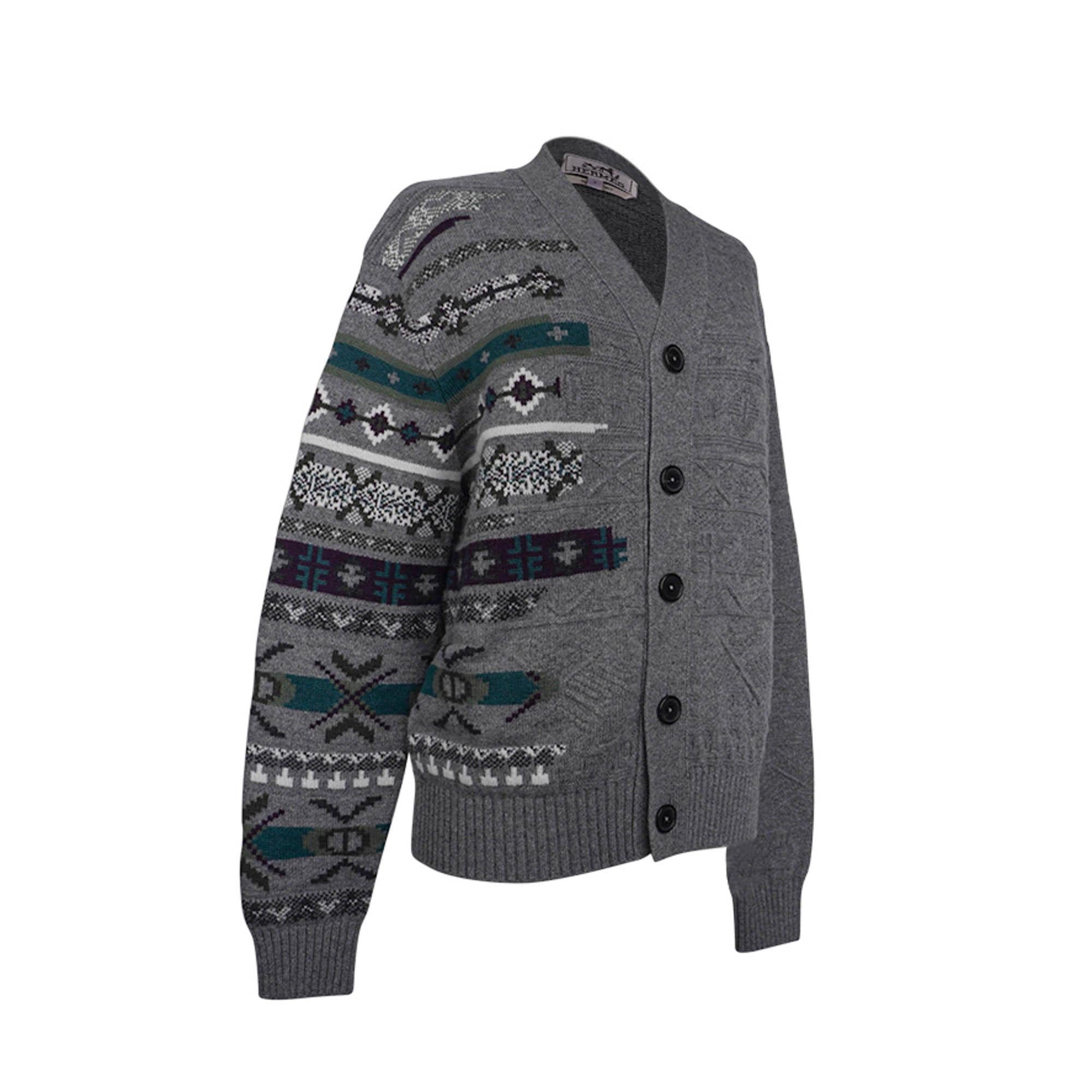 Hermes Men's Cardigan Couleurs en Cours Knit Gray Wool and Cashmere S For Sale 1
