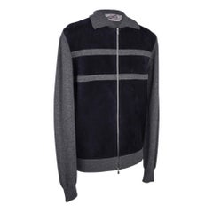 Hermes Men's Cardigan / Jacket Zip Bleu Marine Suede/ Gray Cashmere M New