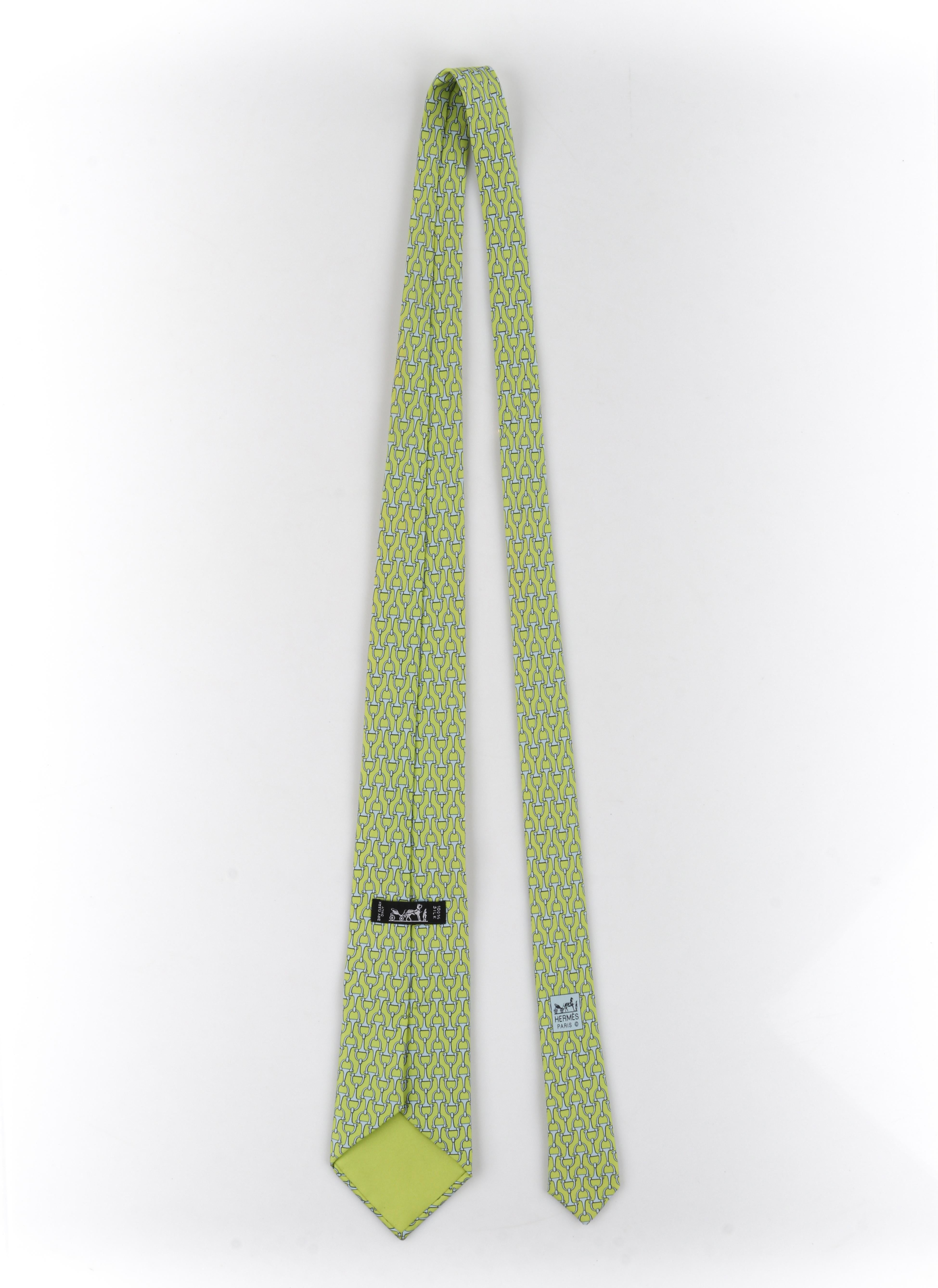 Men's HERMES Mens Chartreuse Green Light Blue Horstbit 5-Fold Silk Necktie Tie 5214 IA