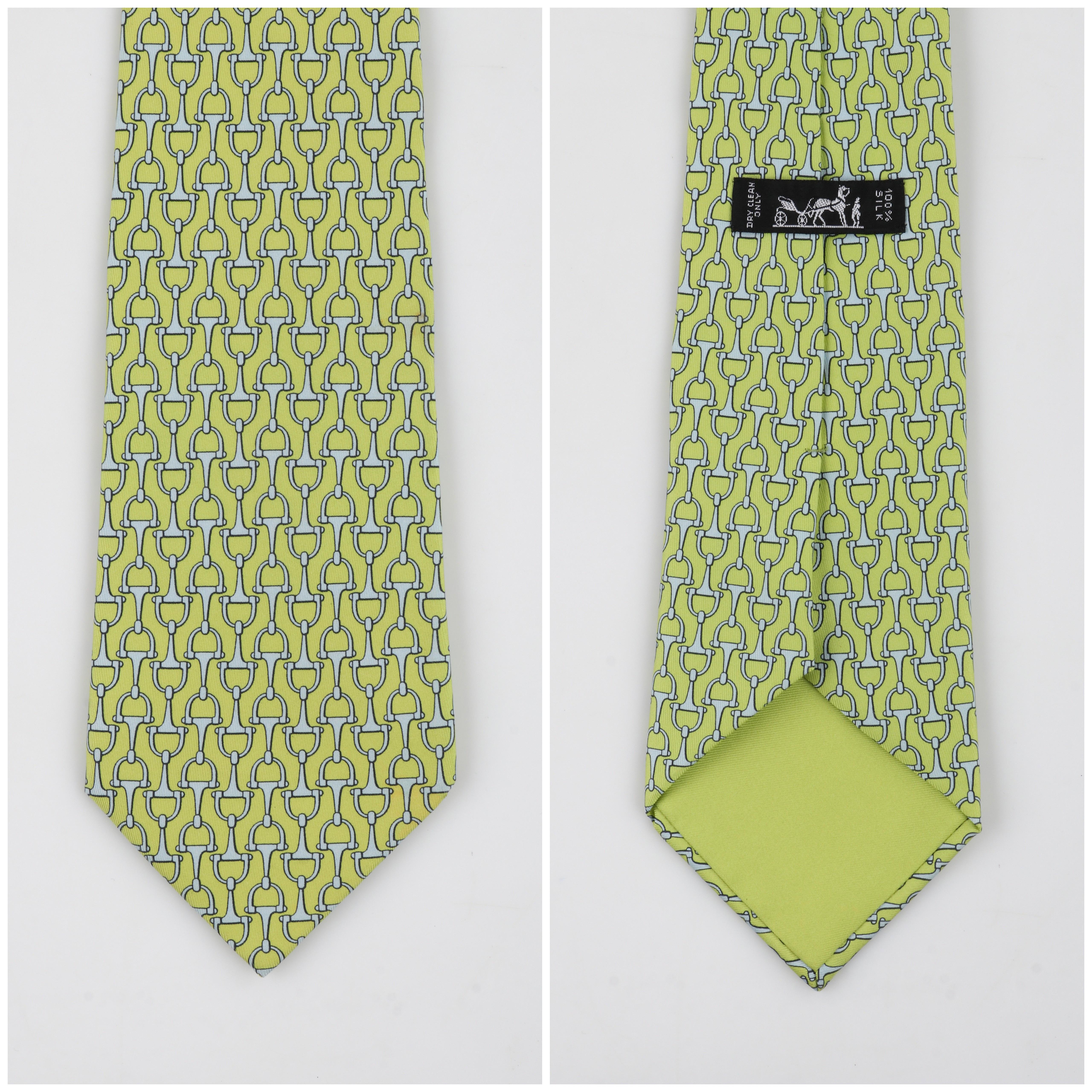 HERMES Mens Chartreuse Green Light Blue Horstbit 5-Fold Silk Necktie Tie 5214 IA 1