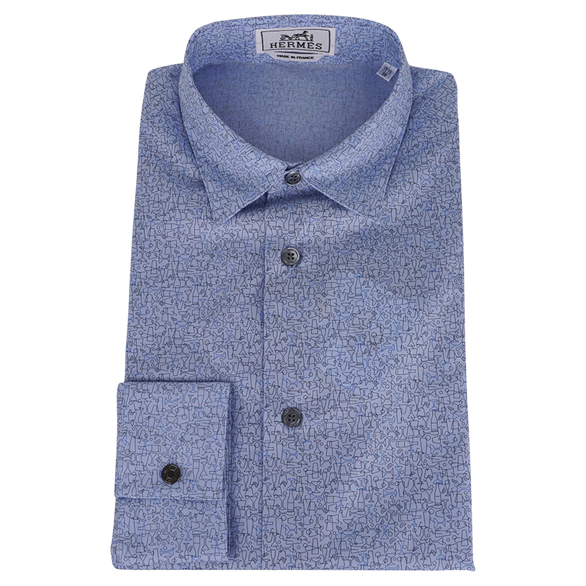 Hermes Men's Cheers! Shirt Cotton Bleu Pale Button Down Shirt 39 / 15.5 New