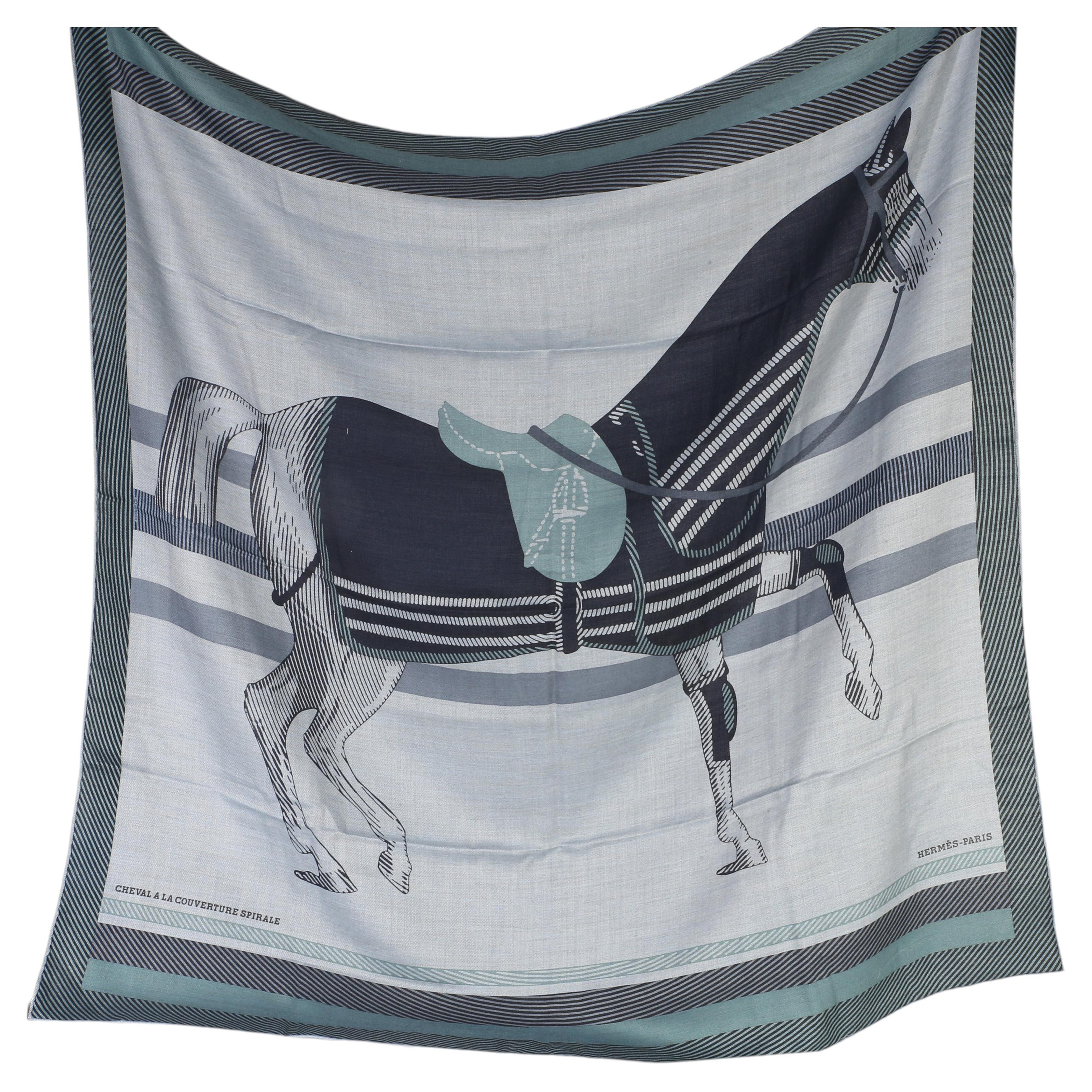 Hermès Men's Ciel Chine Cheval a la Couverture Cashmere Silk Scarf 100