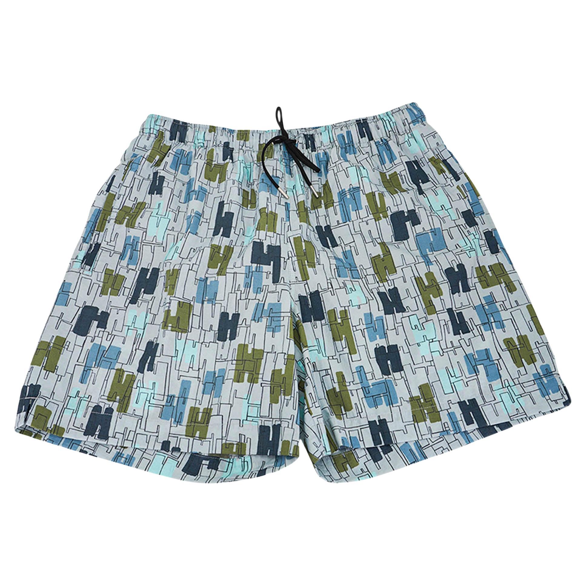 Hermes Men's Coups de Goua'H Swim Trunks Blue Givre M