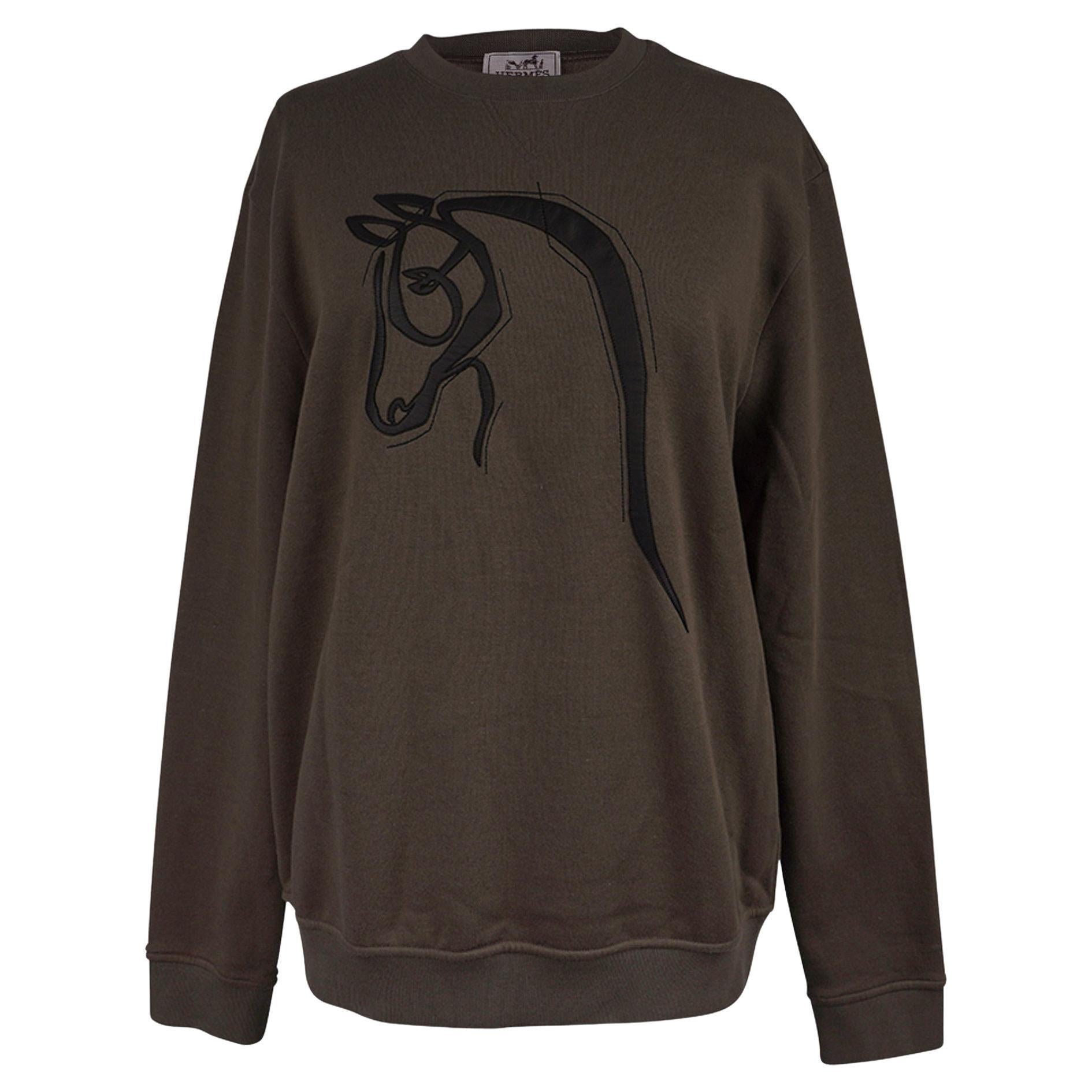 Hermes Men's Crewneck Sweater with Leather Detail Poivre L For Sale