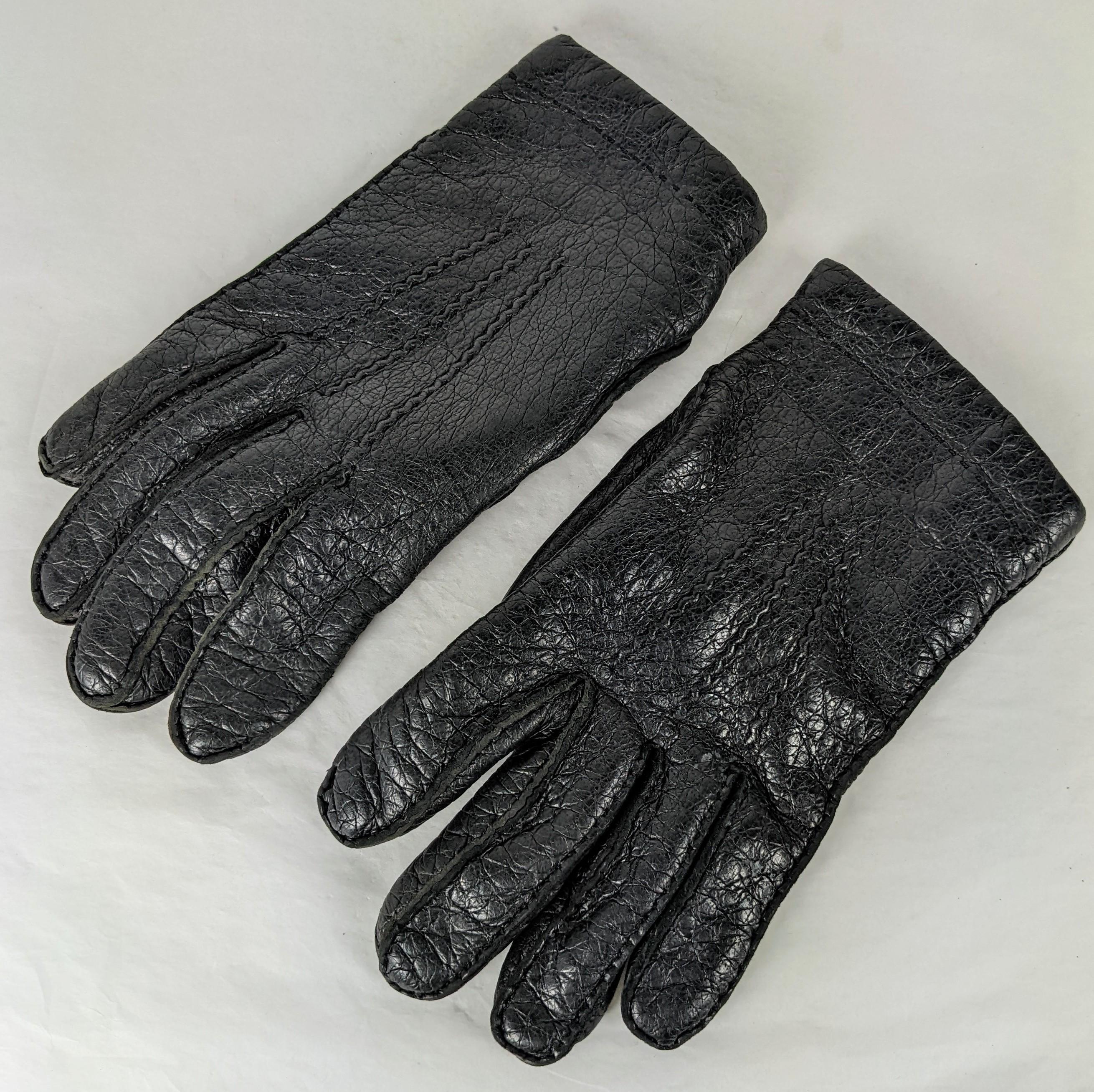 Vintage Hermes Mens Deerskin Cashmere Lined Gloves. Black deerskin hand stitched with beige cashmere knit lining. Size 8. 1980's France. 