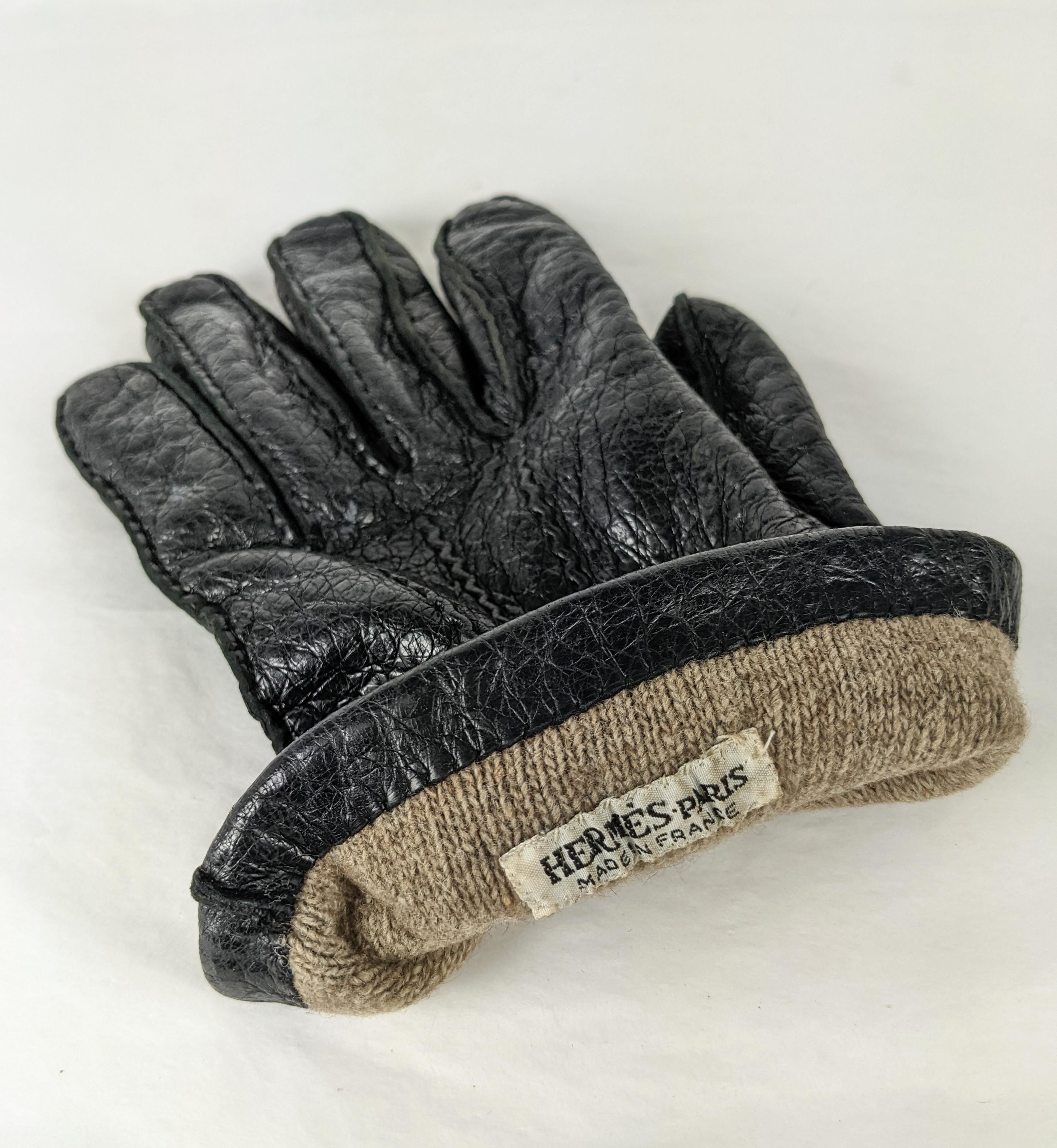 Black Hermes Mens Deerskin Cashmere Lined Gloves For Sale