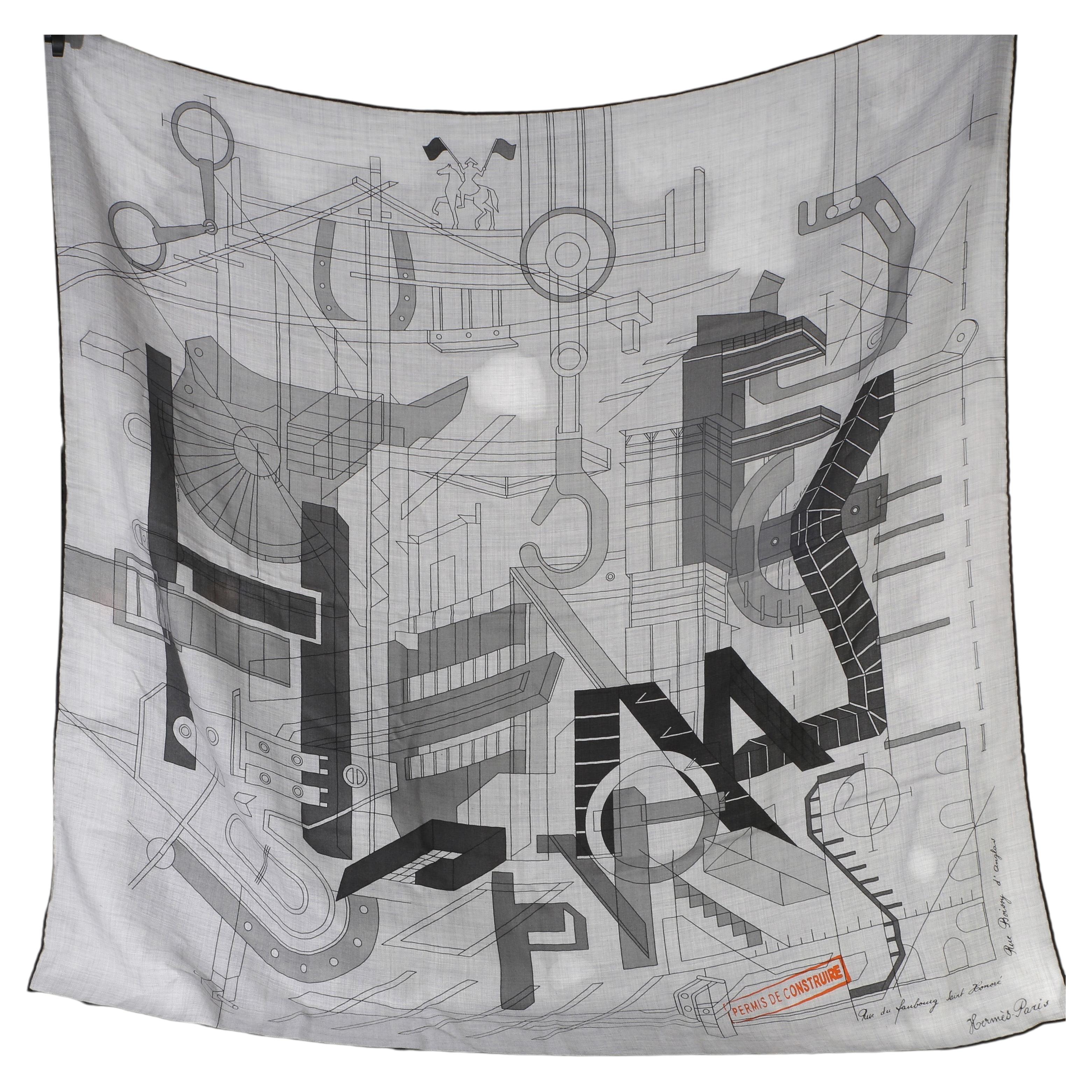 Hermès Mens Gris Chine Permis De Constructruir Silk Cashmere Scarf 100 en vente