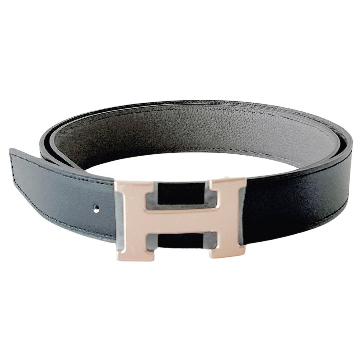 Hermes Men's H Belt With Reversible Leather Strap In Black And Stain