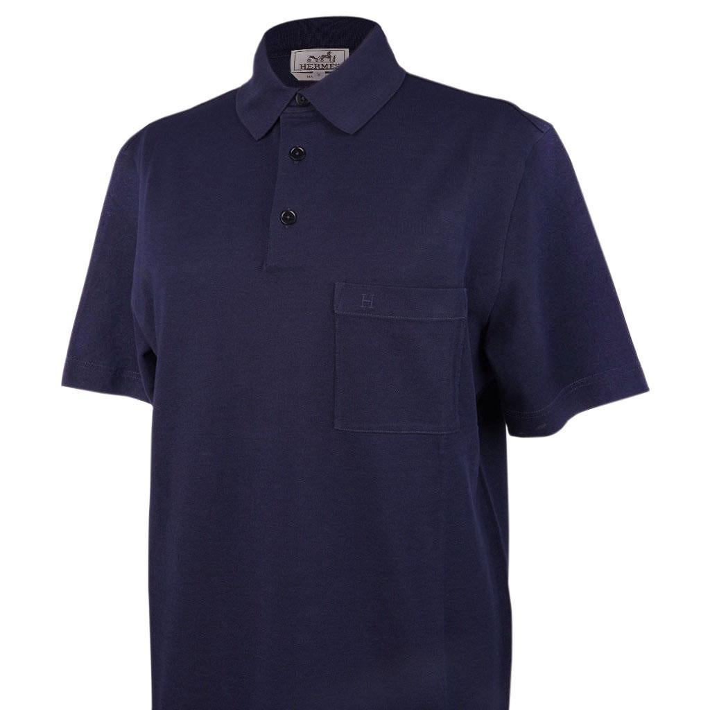 Hermes Men's H Embroidered Polo Shirt Marine Short Sleeve L In New Condition For Sale In Miami, FL