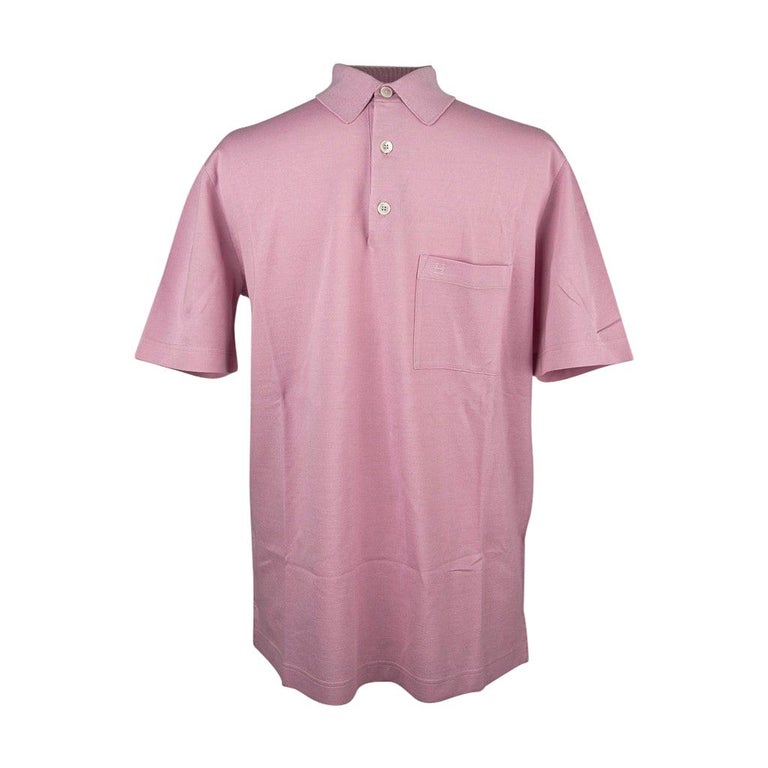 Hermes Men's H Embroidered Polo Shirt Rose Clair Cotton Short Sleeve L