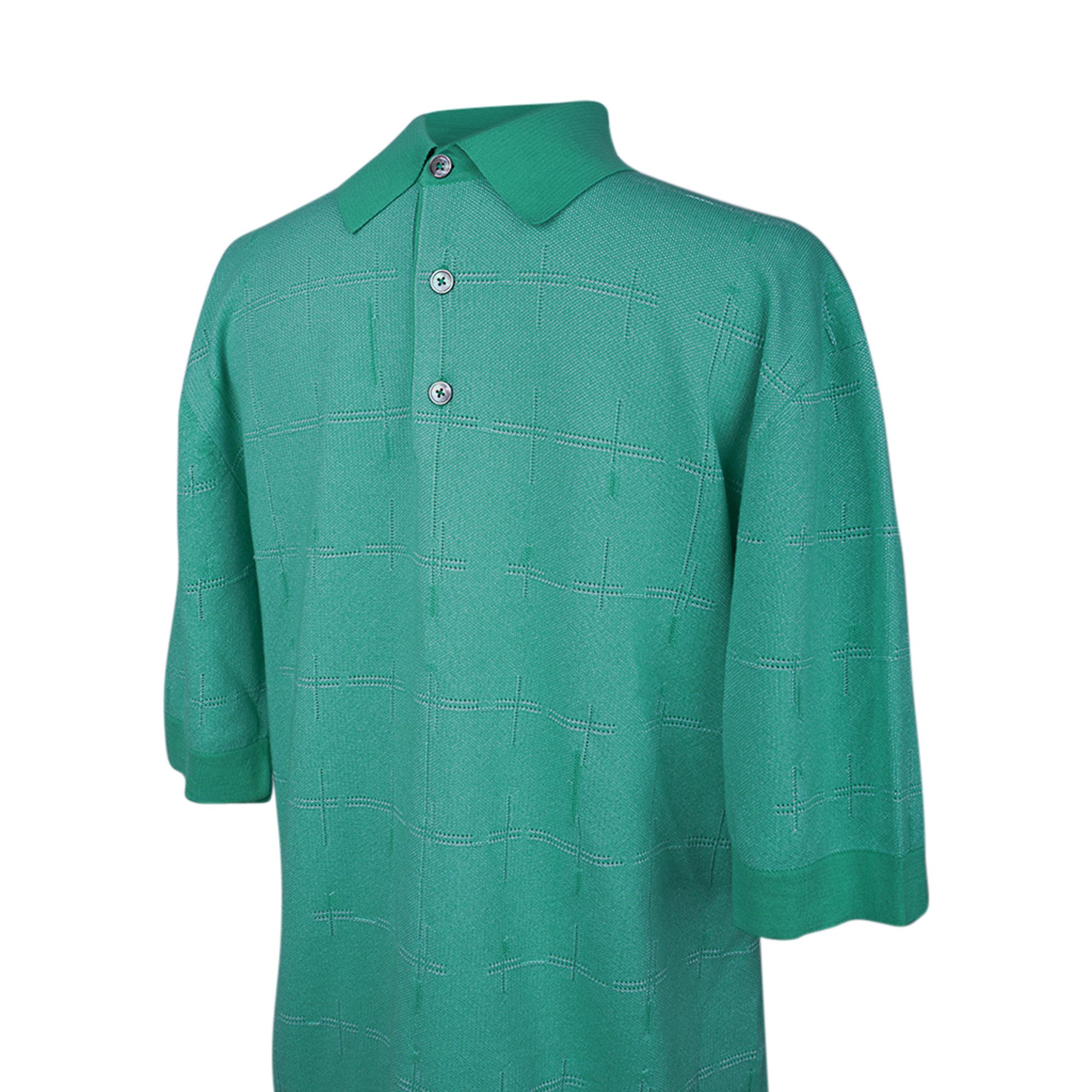 Blue Hermes Men's H en Carreaux Boxy Fit Polo Shirt Vert Tendre Short Sleeve M For Sale