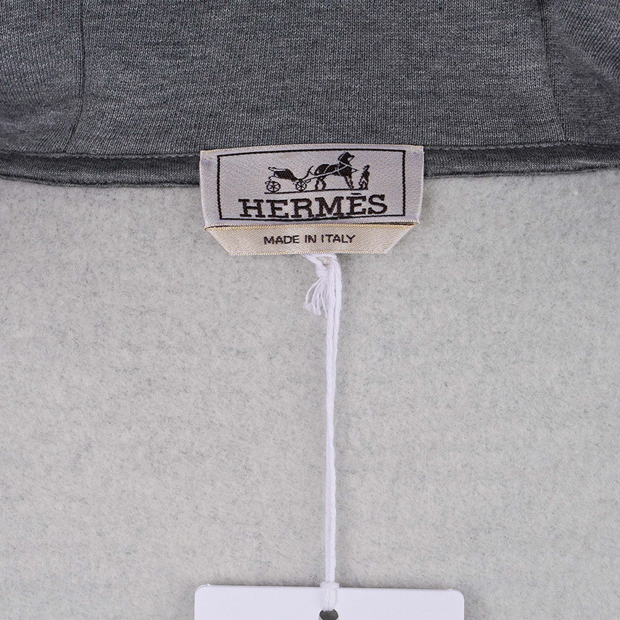 Hermes Men's Hooded Sweater w/ Leather Detail Gris Hoodie Sweatshirt L For Sale 8