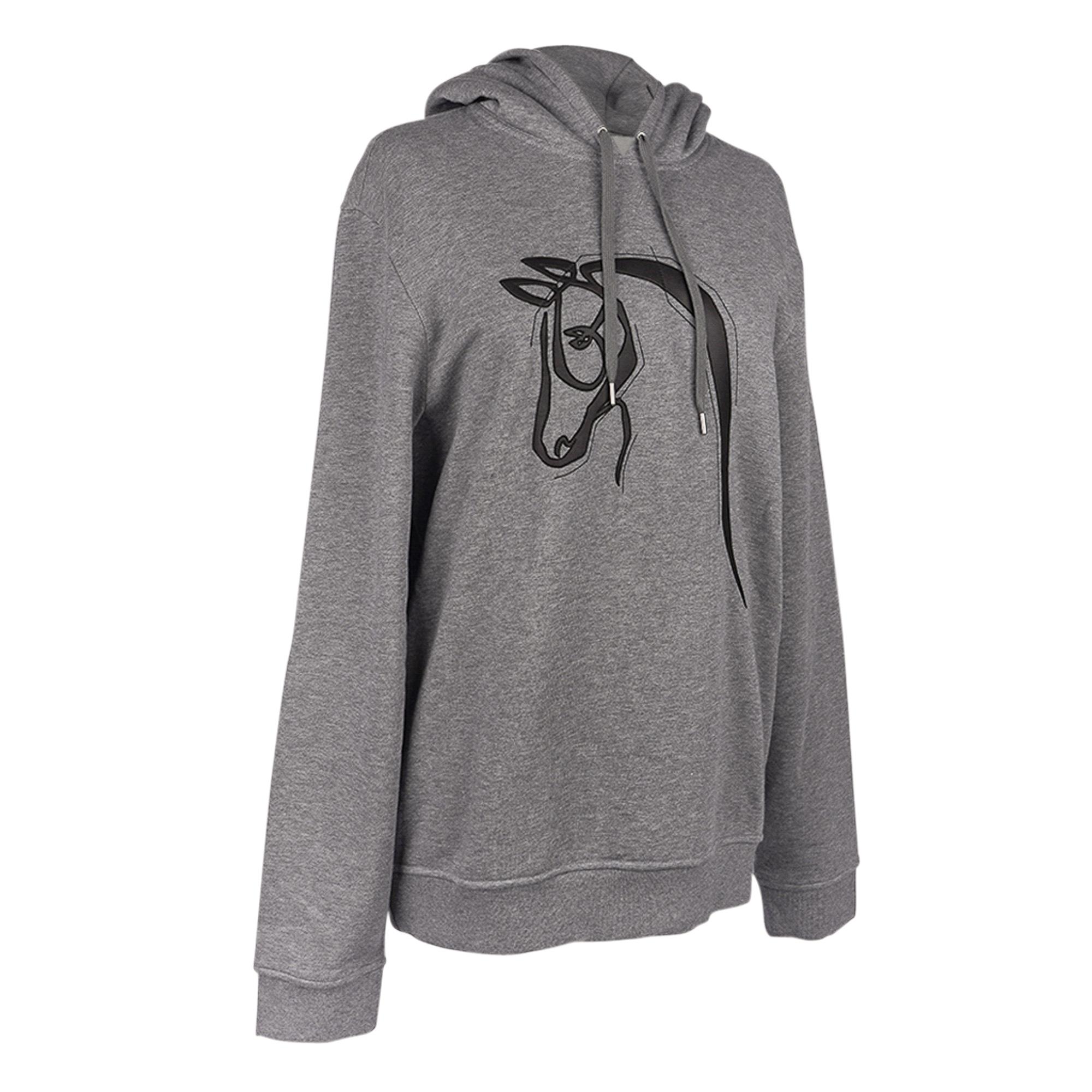 Gray Hermes Men's Hooded Sweater w/ Leather Detail Gris Hoodie Sweatshirt L For Sale