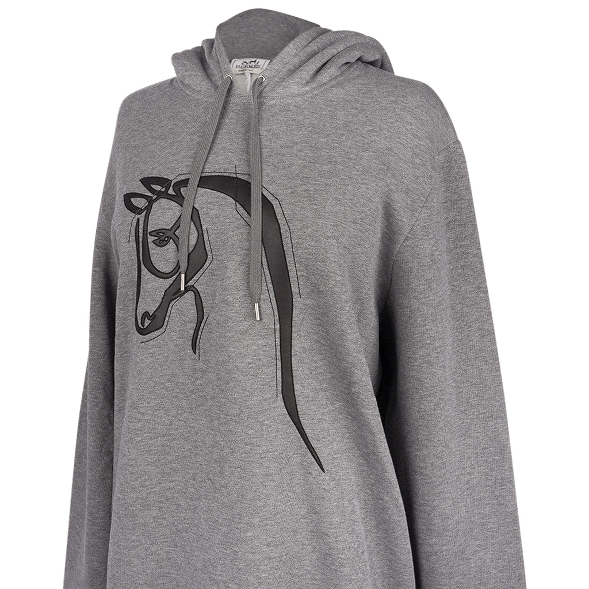 Hermes Men's Hooded Sweater w/ Leather Detail Gris Hoodie Sweatshirt L For Sale 4