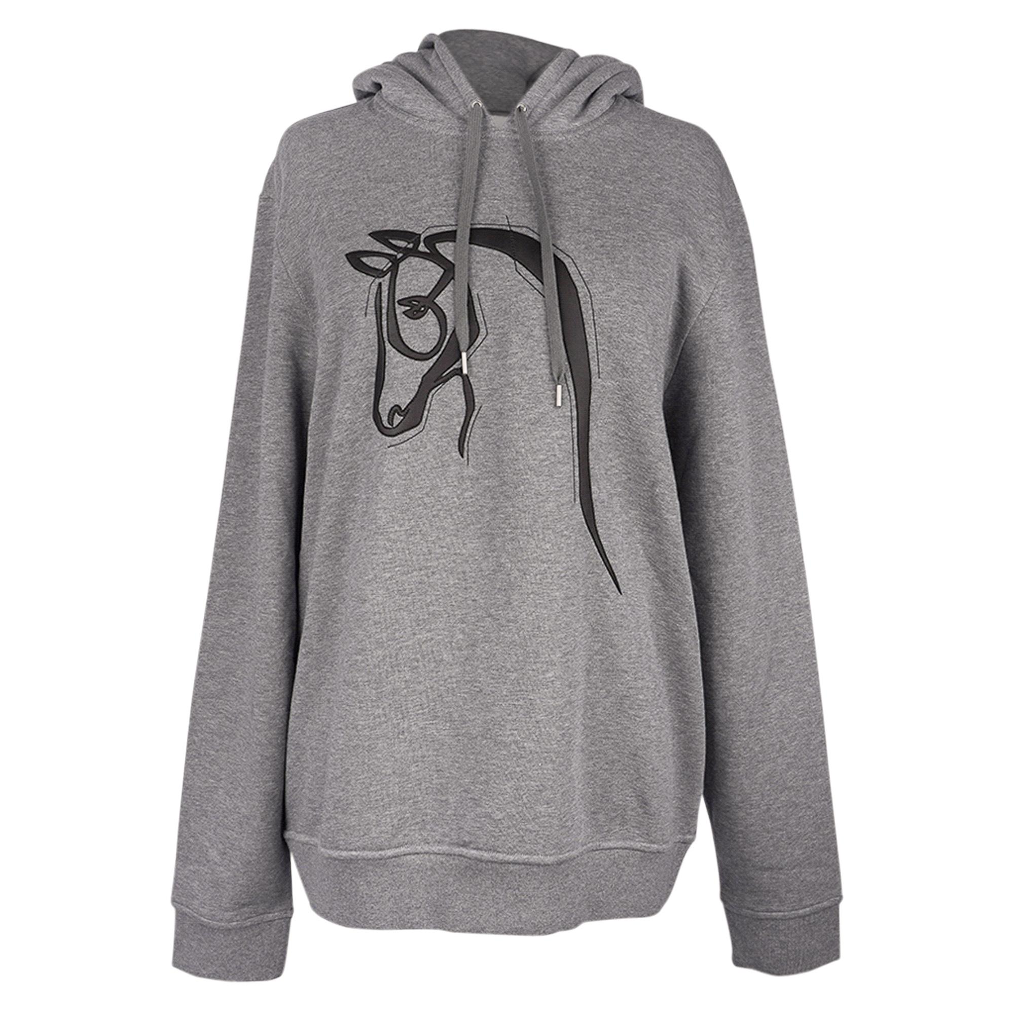 Hermes Men's Hooded Sweater w/ Leather Detail Gris Hoodie Sweatshirt L For Sale 5