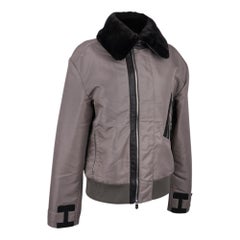 Hermes Men's Jacket Grey with Black Leather and Beaver Collar 48