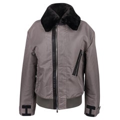 Hermes Men's Jacket Grey with Black Leather and Beaver Collar 48