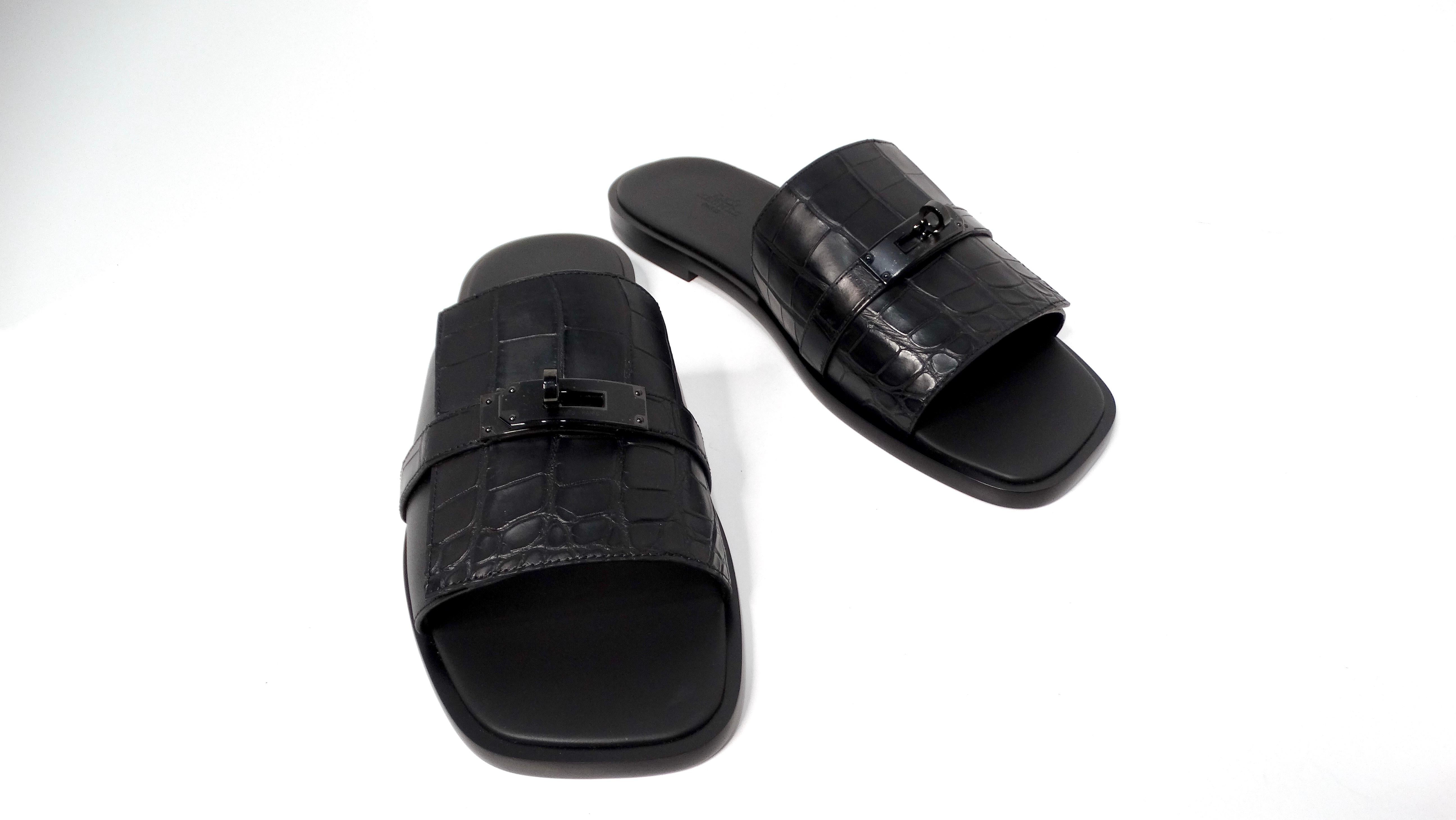 Hermes Mens Made-To-Order Gabriel Black Alligator Leather Slide Sandals For Sale 1