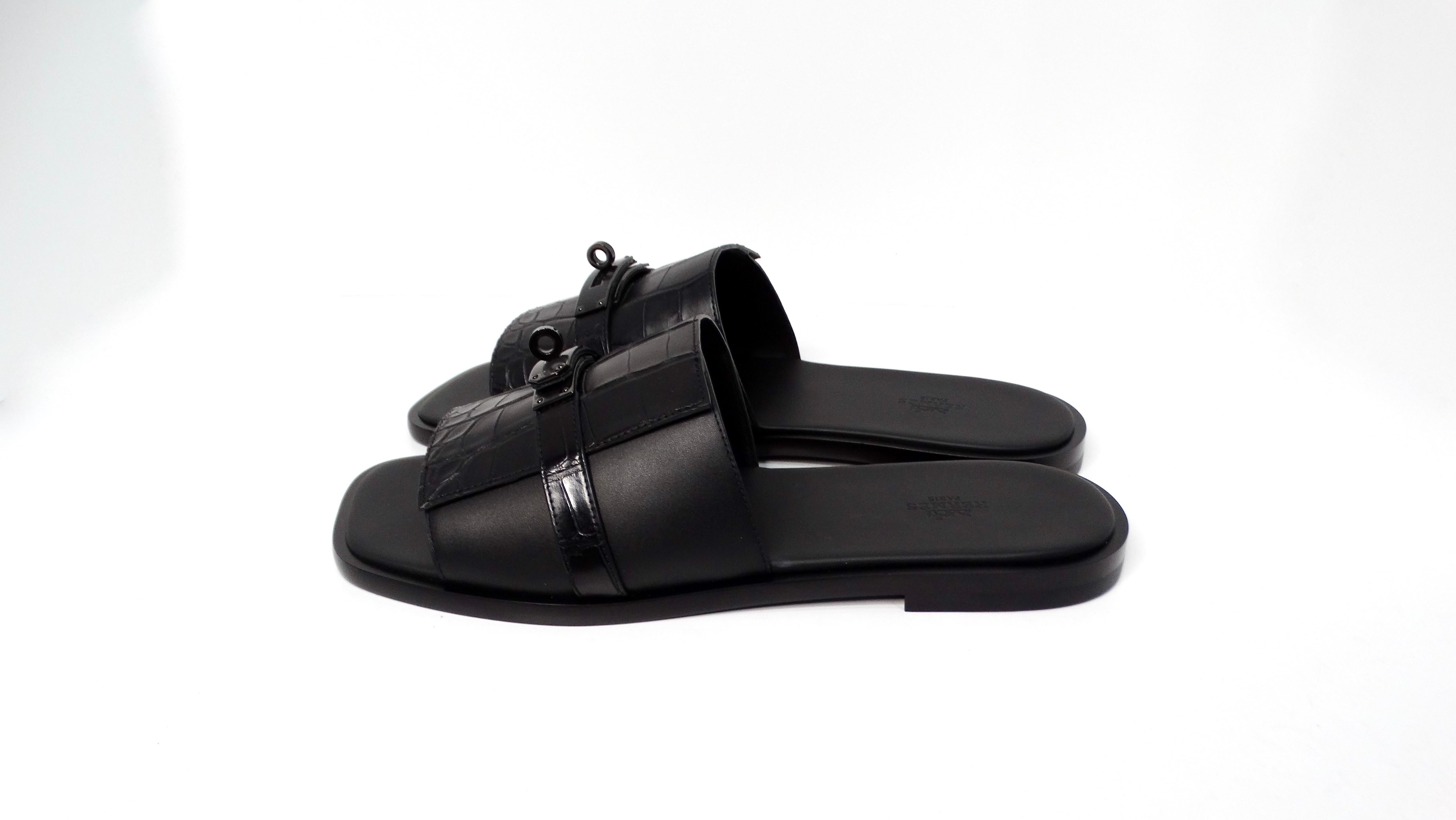 Hermes Mens Made-To-Order Gabriel Black Alligator Leather Slide Sandals For Sale 2
