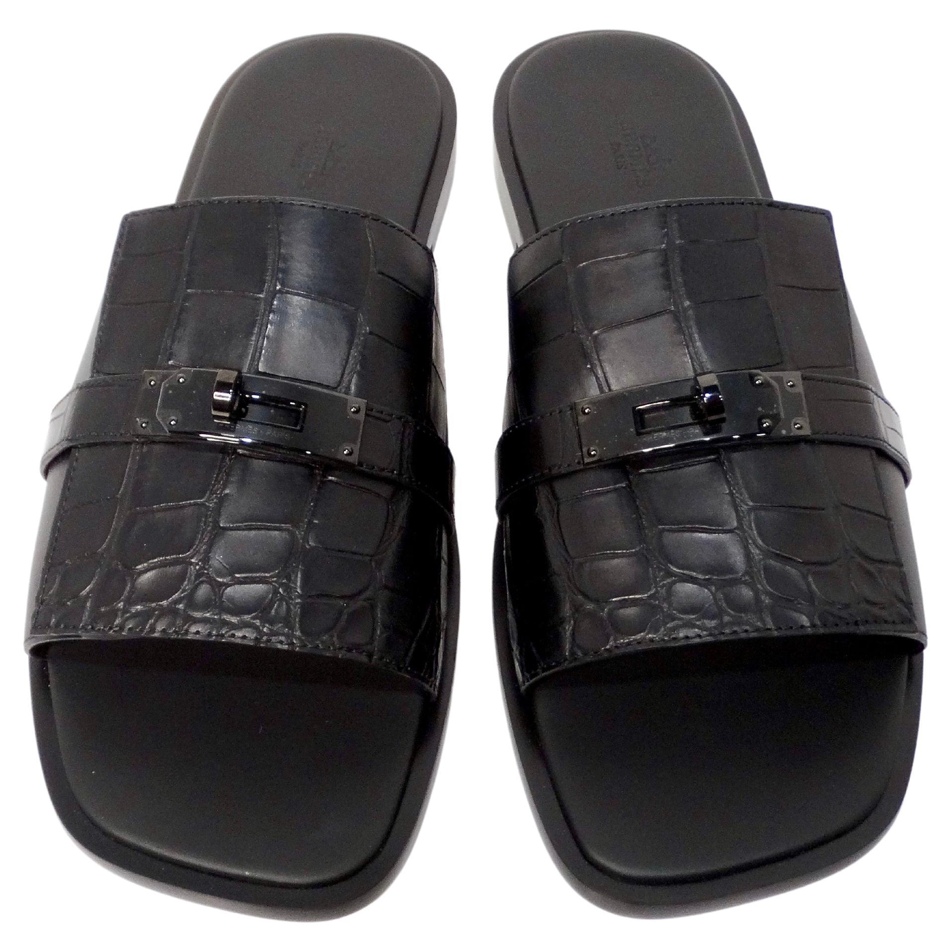 Hermes Mens Made-To-Order Gabriel Black Alligator Leather Slide Sandals For Sale