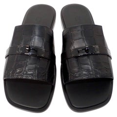 Hermes Mens Made-To-Order Gabriel Black Alligator Leather Slide Sandals