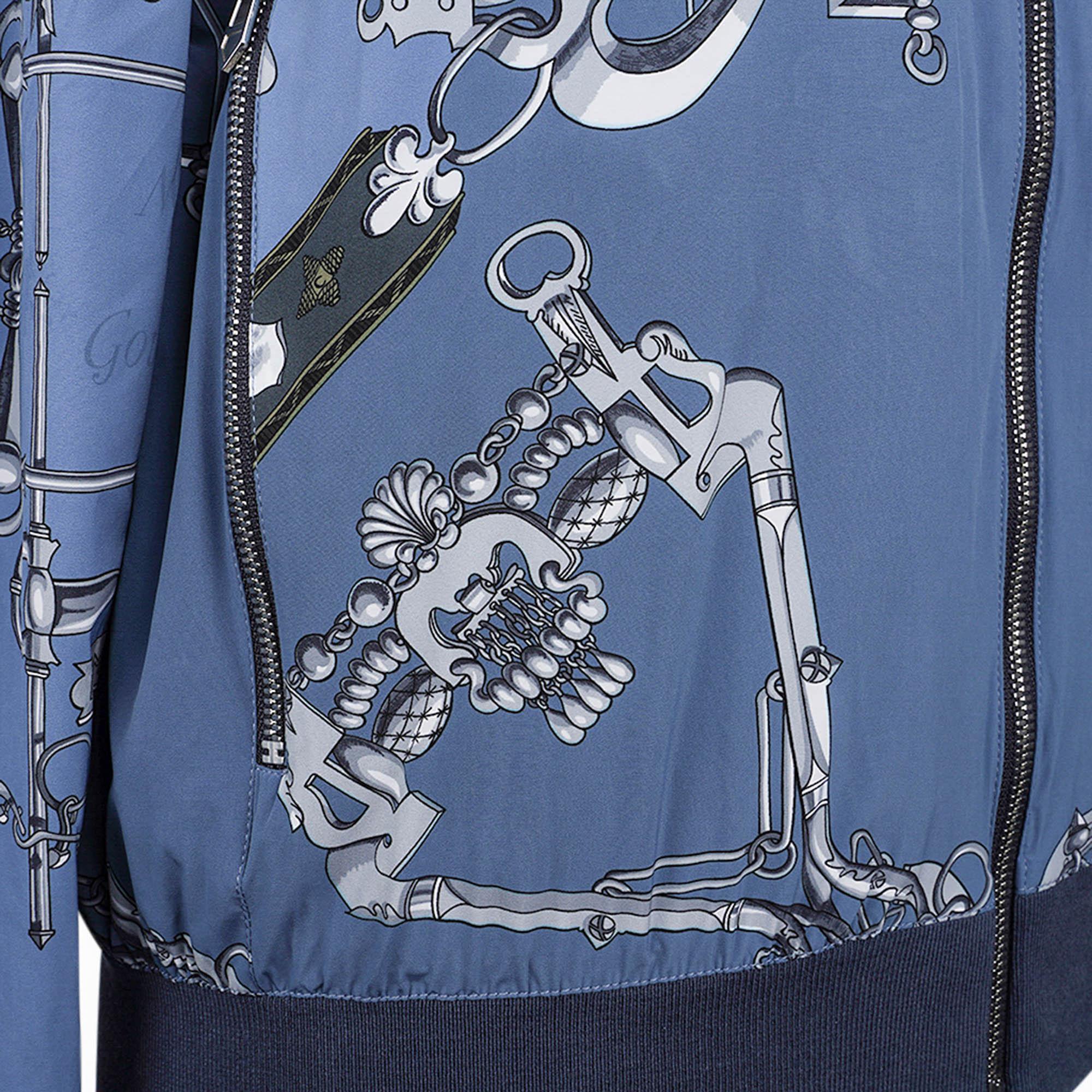 Hermes Homme Mors et Gourmettes Soie Shirt Jacket Blue Reversible Windbreaker 50 en vente 5