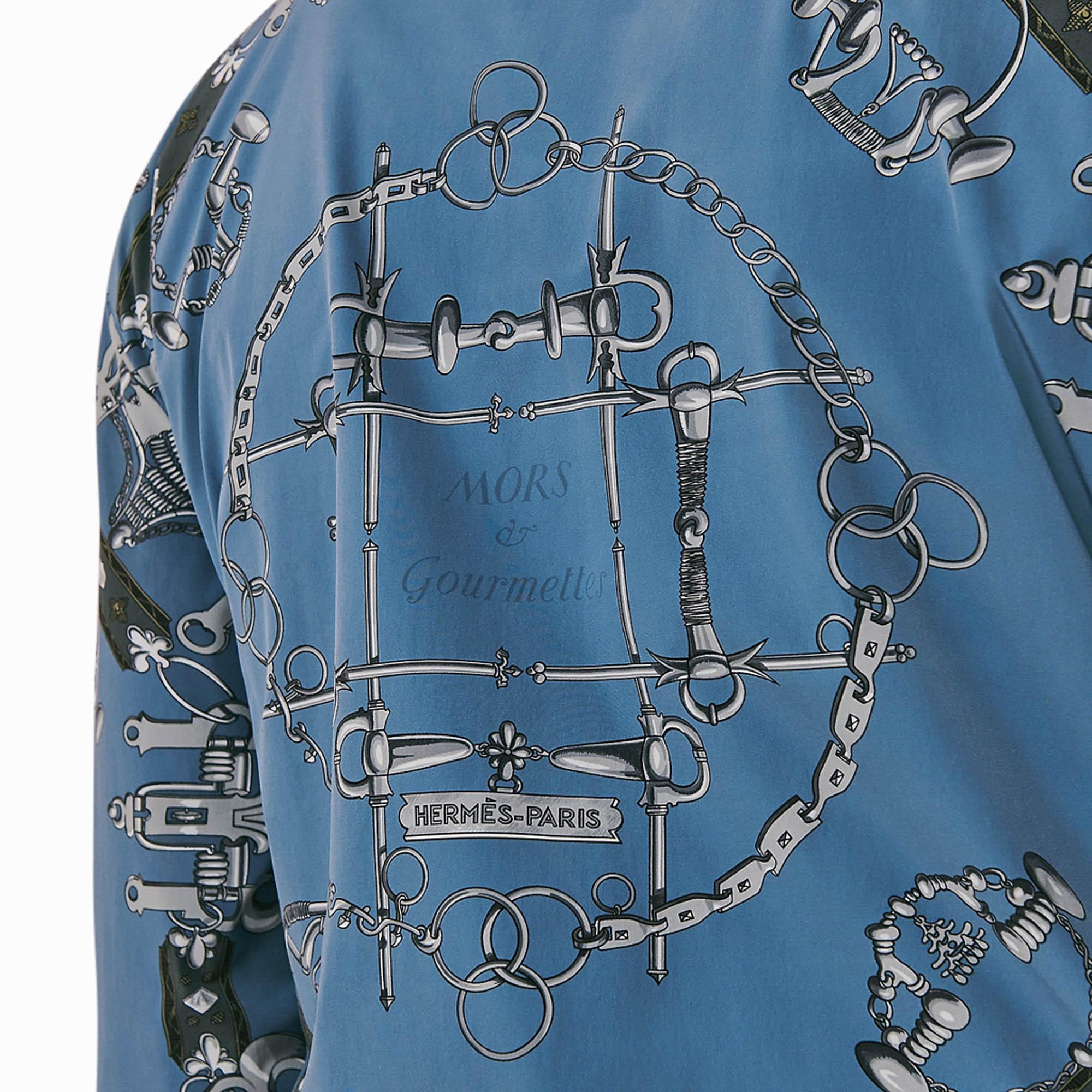 Hermes Homme Mors et Gourmettes Soie Shirt Jacket Blue Reversible Windbreaker 50 en vente 7