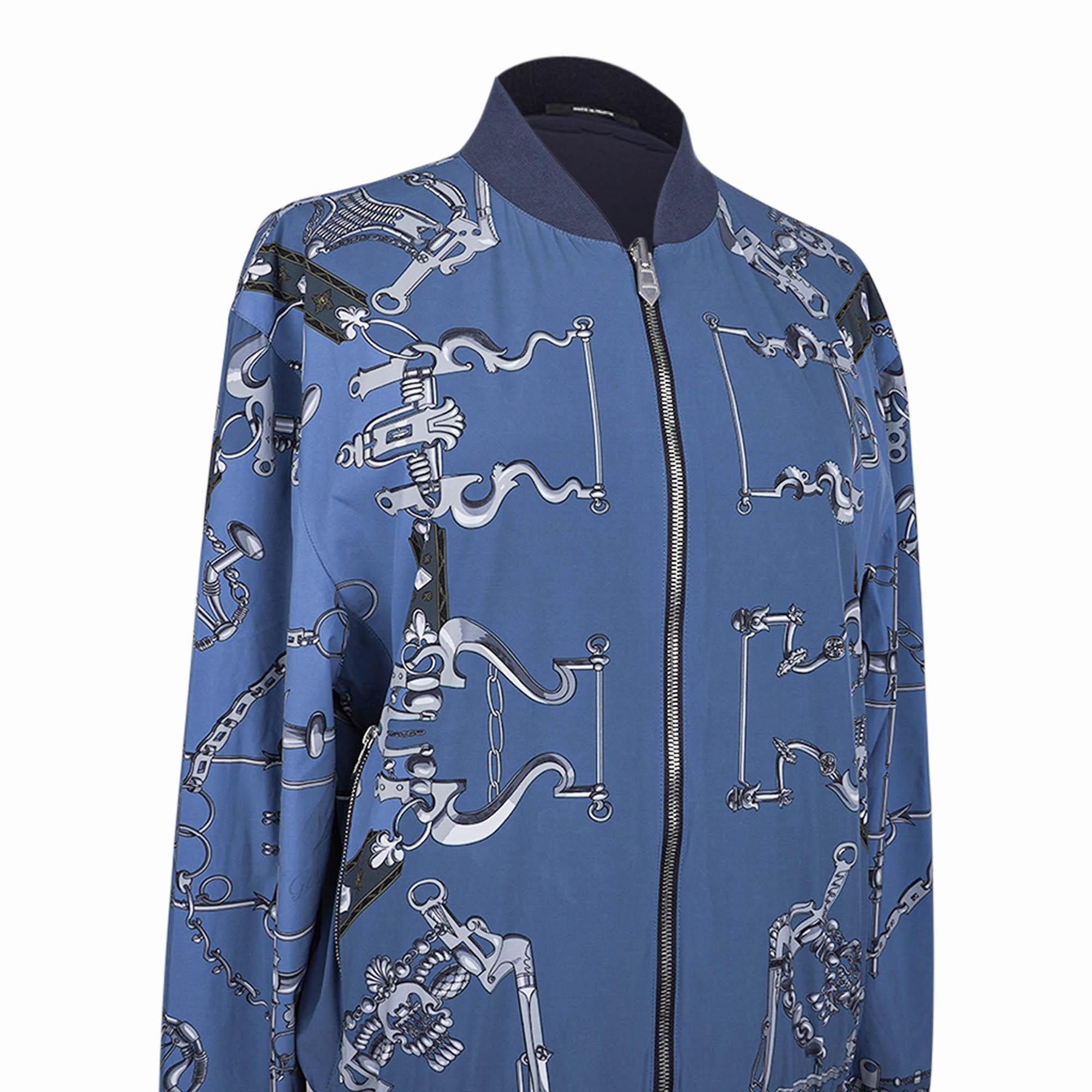Hermes Herren Mors et Gourmettes Soie Shirt Jacke Blau Reversible Windbreaker 50 im Angebot 2