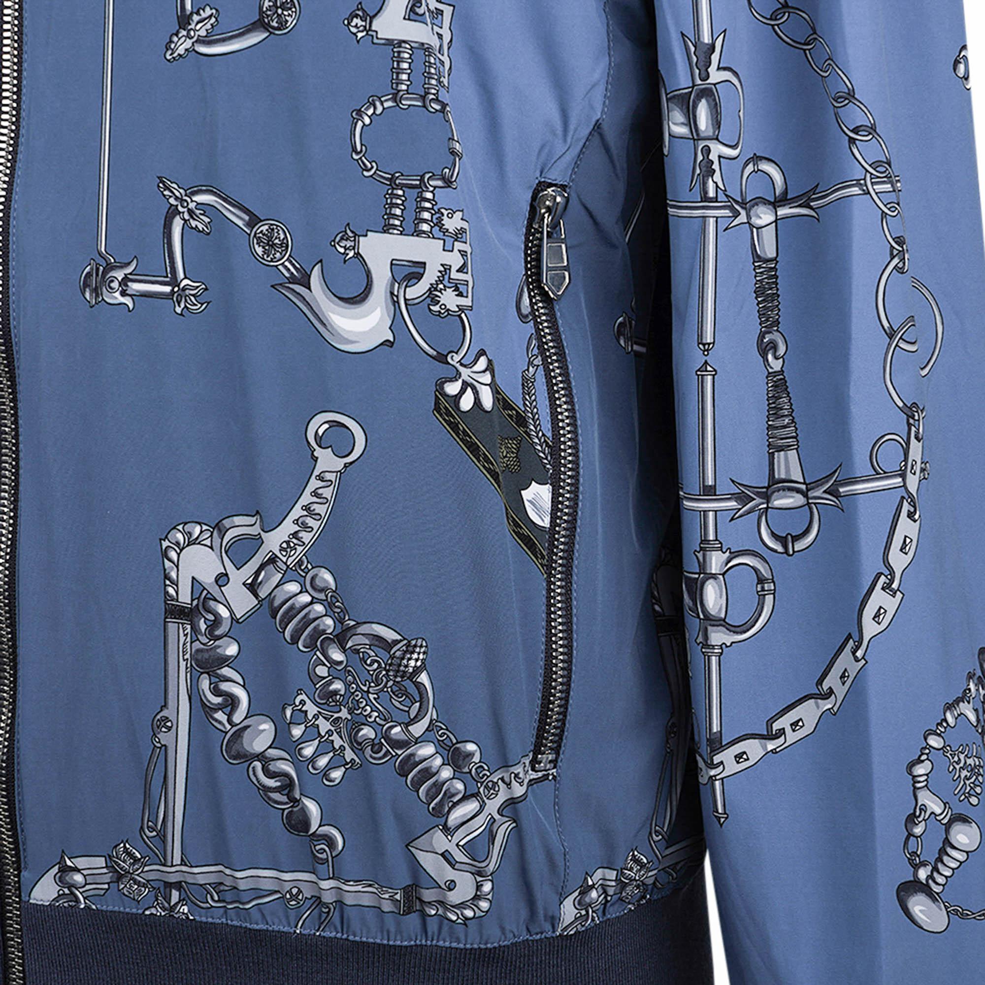 Bleu Hermes Homme Mors et Gourmettes Soie Shirt Jacket Blue Reversible Windbreaker 50 en vente