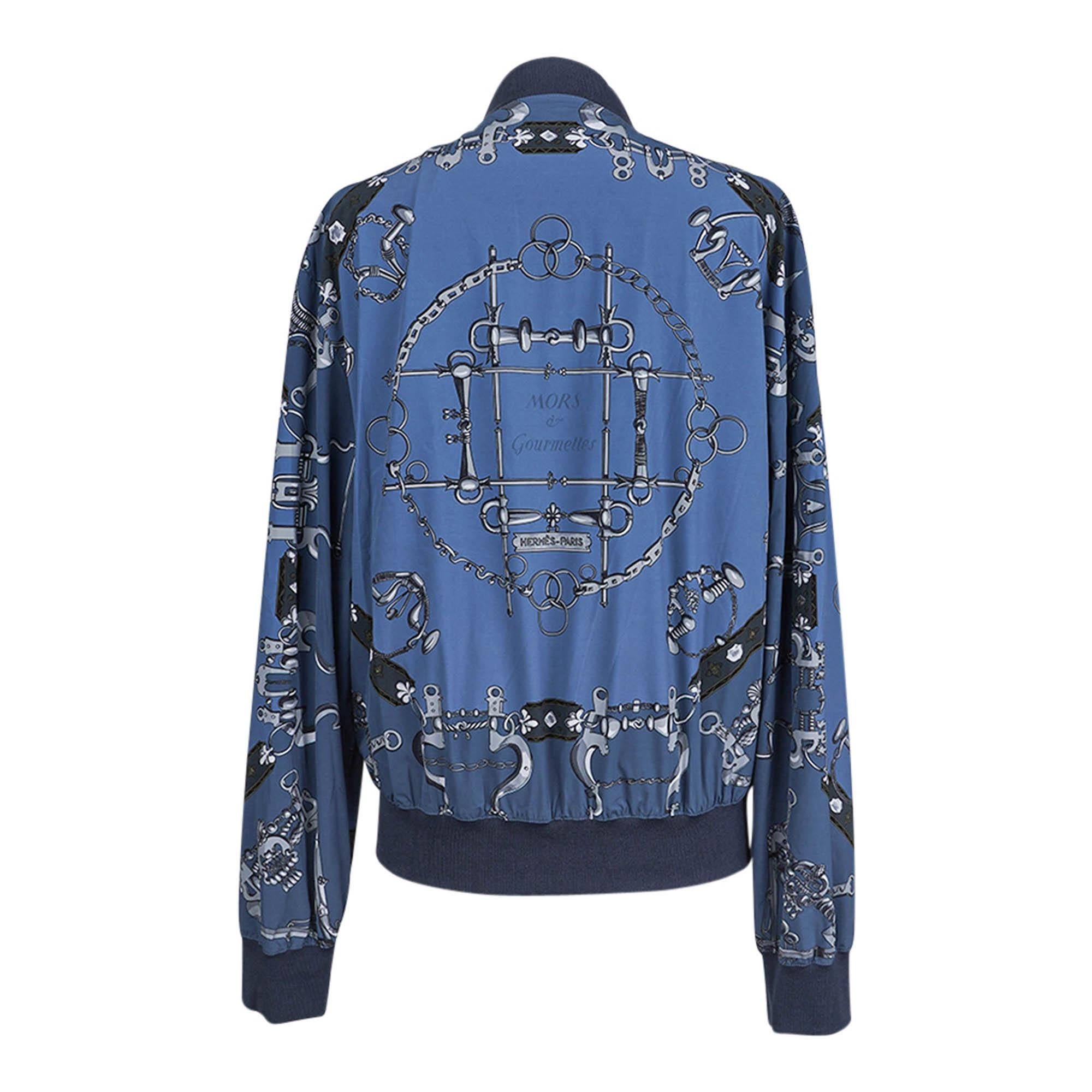 Hermes Homme Mors et Gourmettes Soie Shirt Jacket Blue Reversible Windbreaker 50 Neuf - En vente à Miami, FL