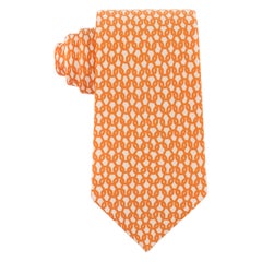 Used HERMES Men’s Orange White Interlocking Chain 5-Fold Silk Necktie Tie 5231 SA