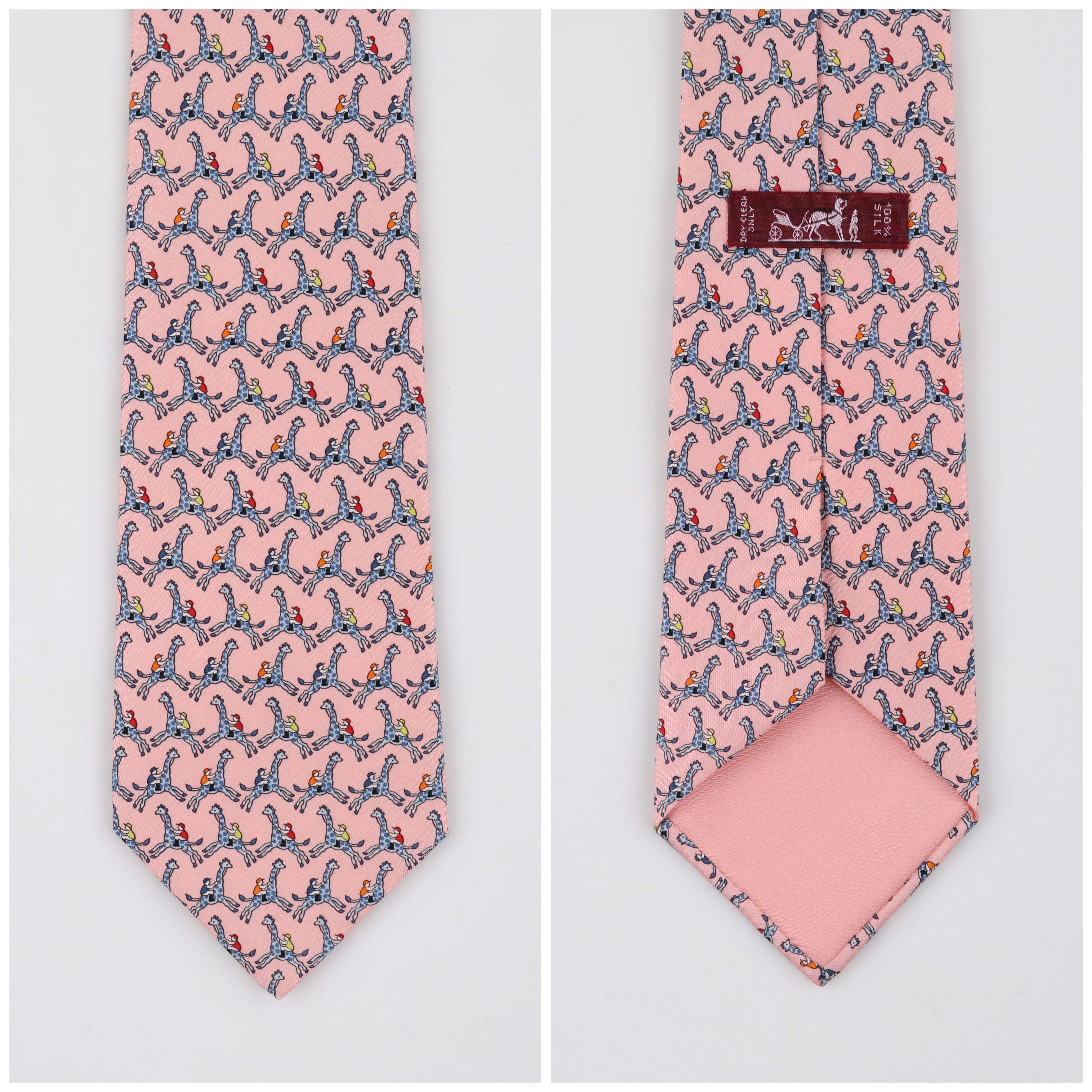 Beige HERMES Men's Pink Blue Jockey Giraffe Riding 5-Fold Silk Necktie Tie 5440 FA