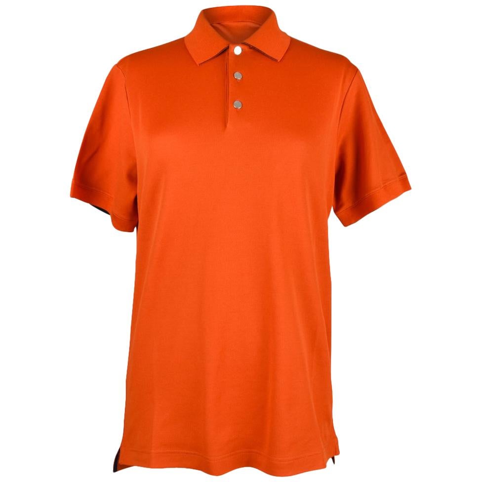 Hermes Men's Polo Style Orange Feu w/ Navy Edging Short Sleeve M New