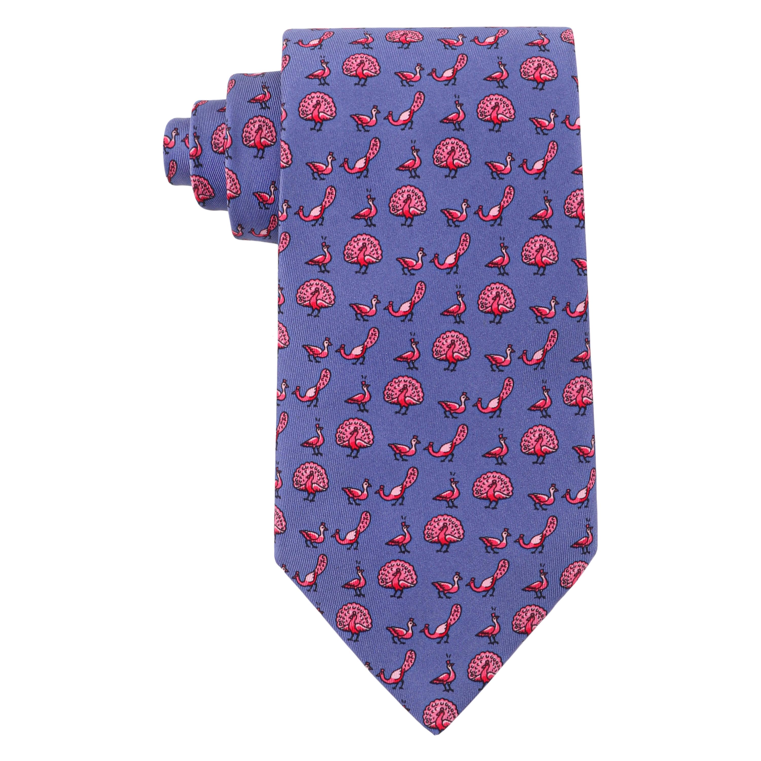 HERMES Men’s Purple Pink Courting Peacocks 5-Fold Silk Twill Necktie Tie 5387 OA