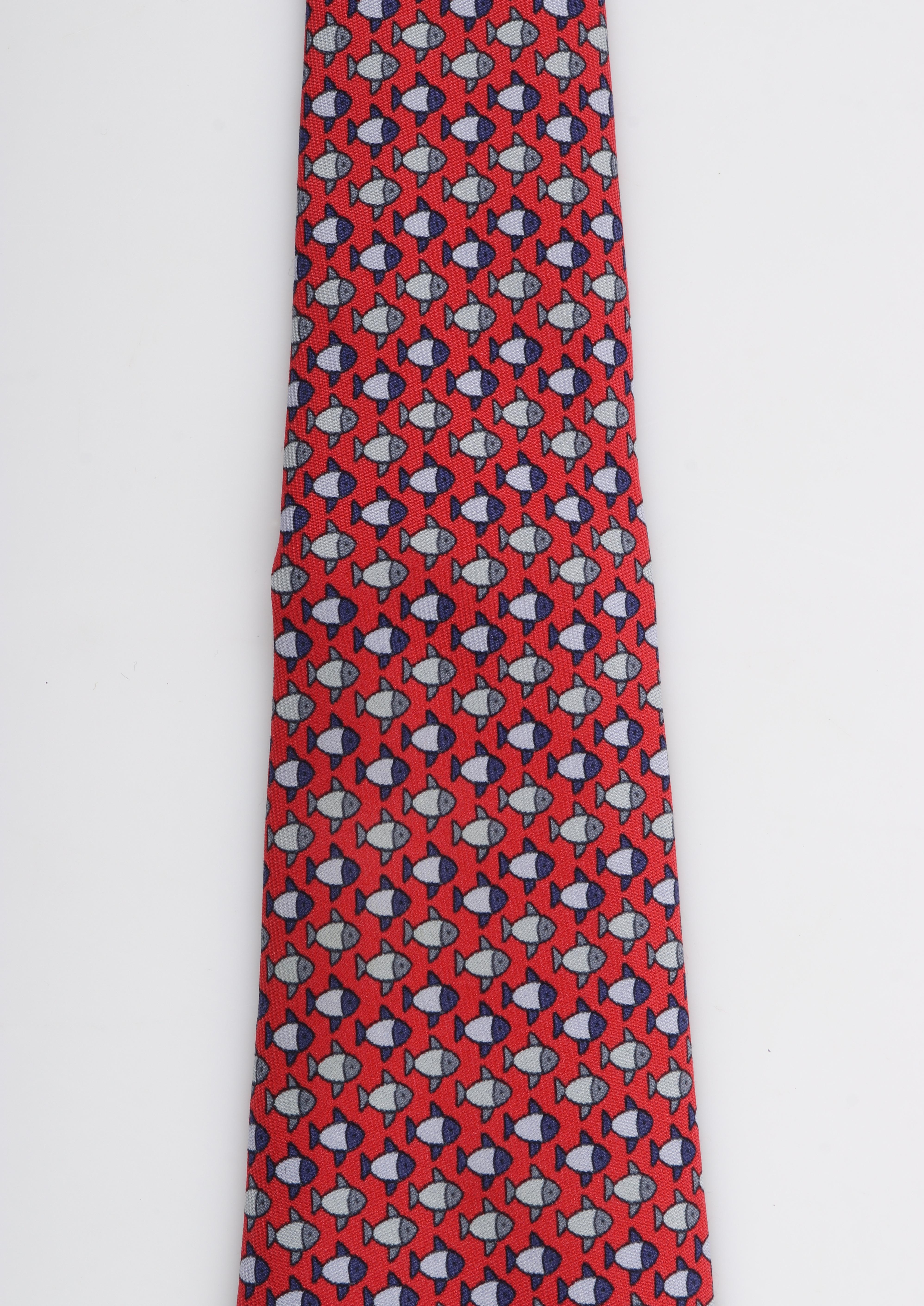 Men's HERMES Men’s Red Gray Blue Small Fish 5-Fold Silk Twill Necktie Tie 7892 UA