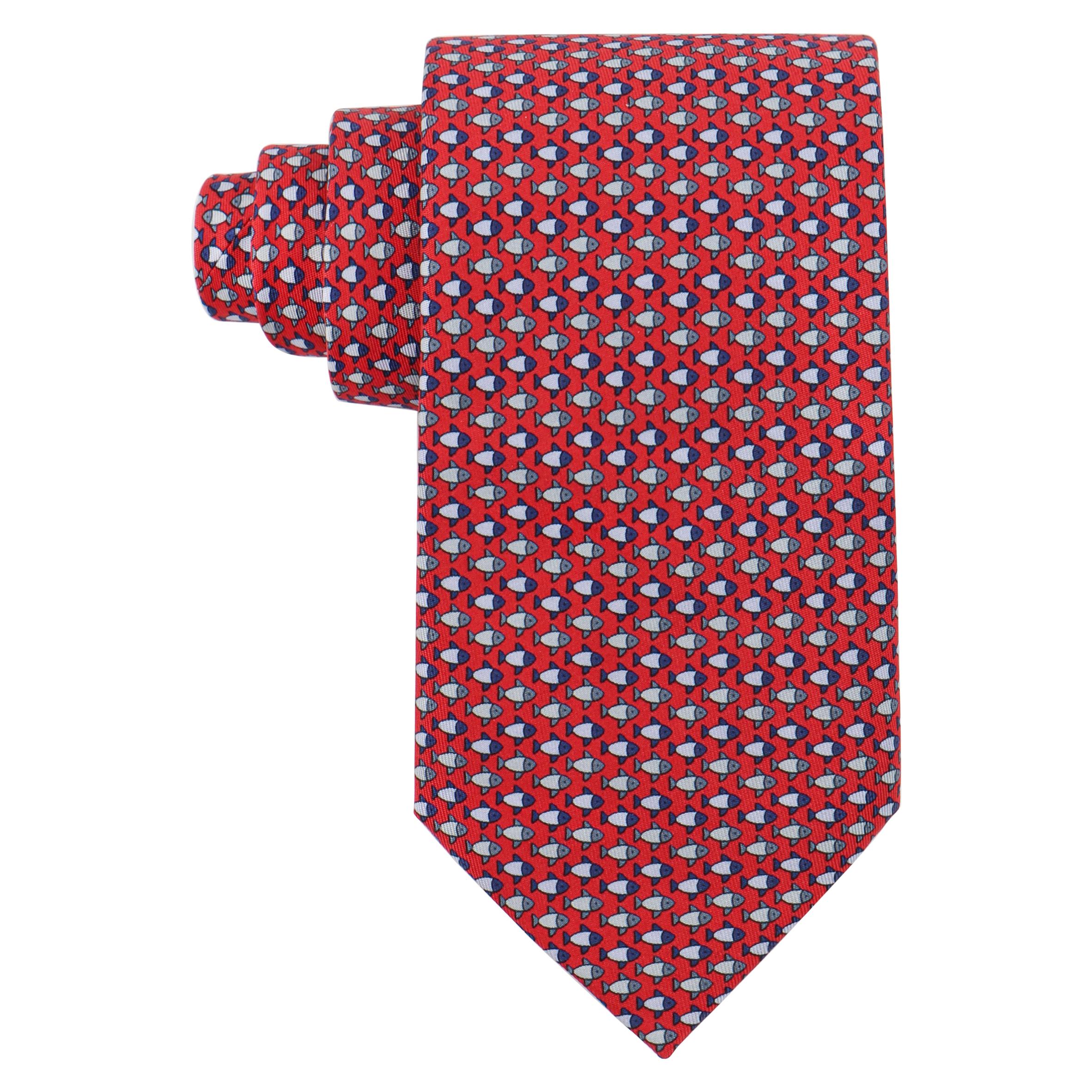 HERMES Men’s Red Gray Blue Small Fish 5-Fold Silk Twill Necktie Tie 7892 UA