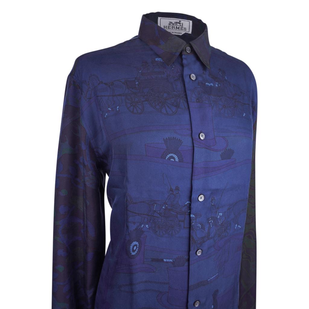 Mightychic offer a guaranteed authentic Hermes scarf print silk button down shirt.
A combination of iconic Hermes prints create a stunning shirt.
In muted shades of blue, plum and green.
The rare front print is Attelages created by Hugo Grygkar.
The