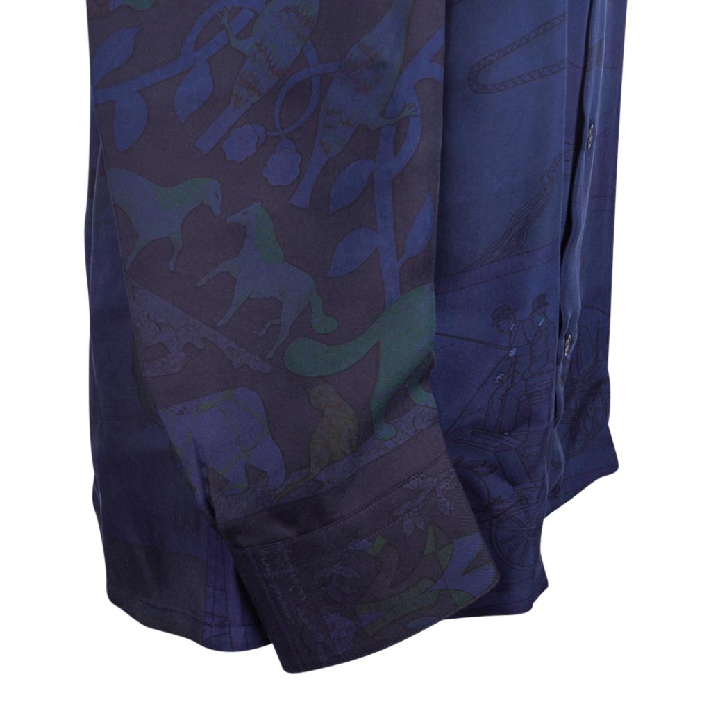 Purple Hermes Men's Shirt Silk Iconic Scarf Prints Shirt 39 / 15.5 New w/Box For Sale