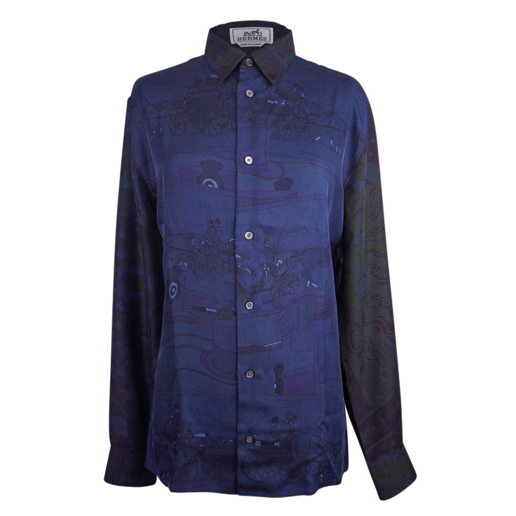 Hermes Men's Shirt Silk Iconic Scarf Prints Shirt 39 / 15.5 New w/Box For Sale