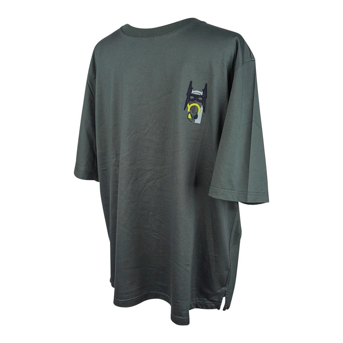 Black Hermes Men's Super H Cuir T-Shirt Vert de Gris Cotton Leather Patch L