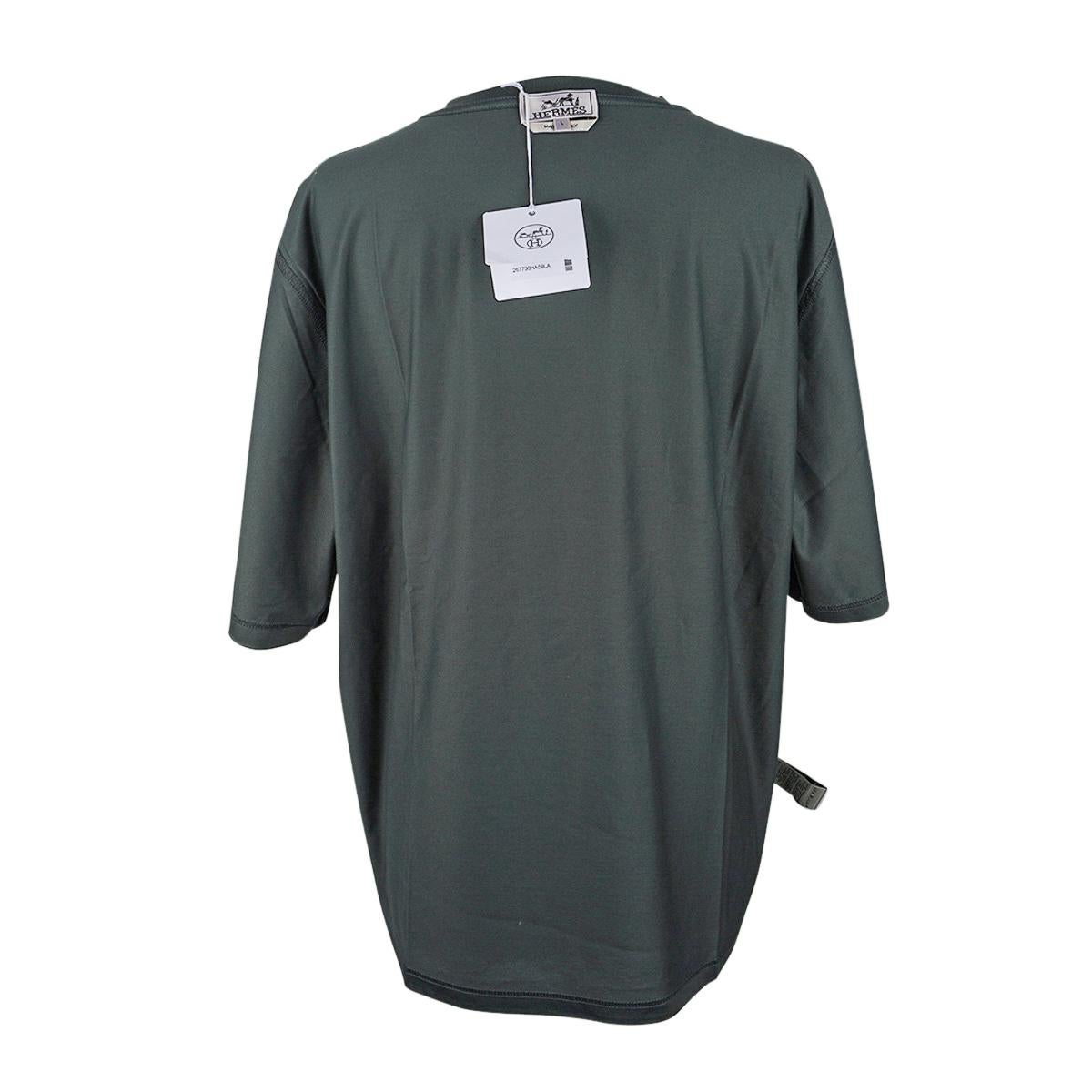 Hermes Men's Super H Cuir T-Shirt Vert de Gris Cotton Leather Patch L 2