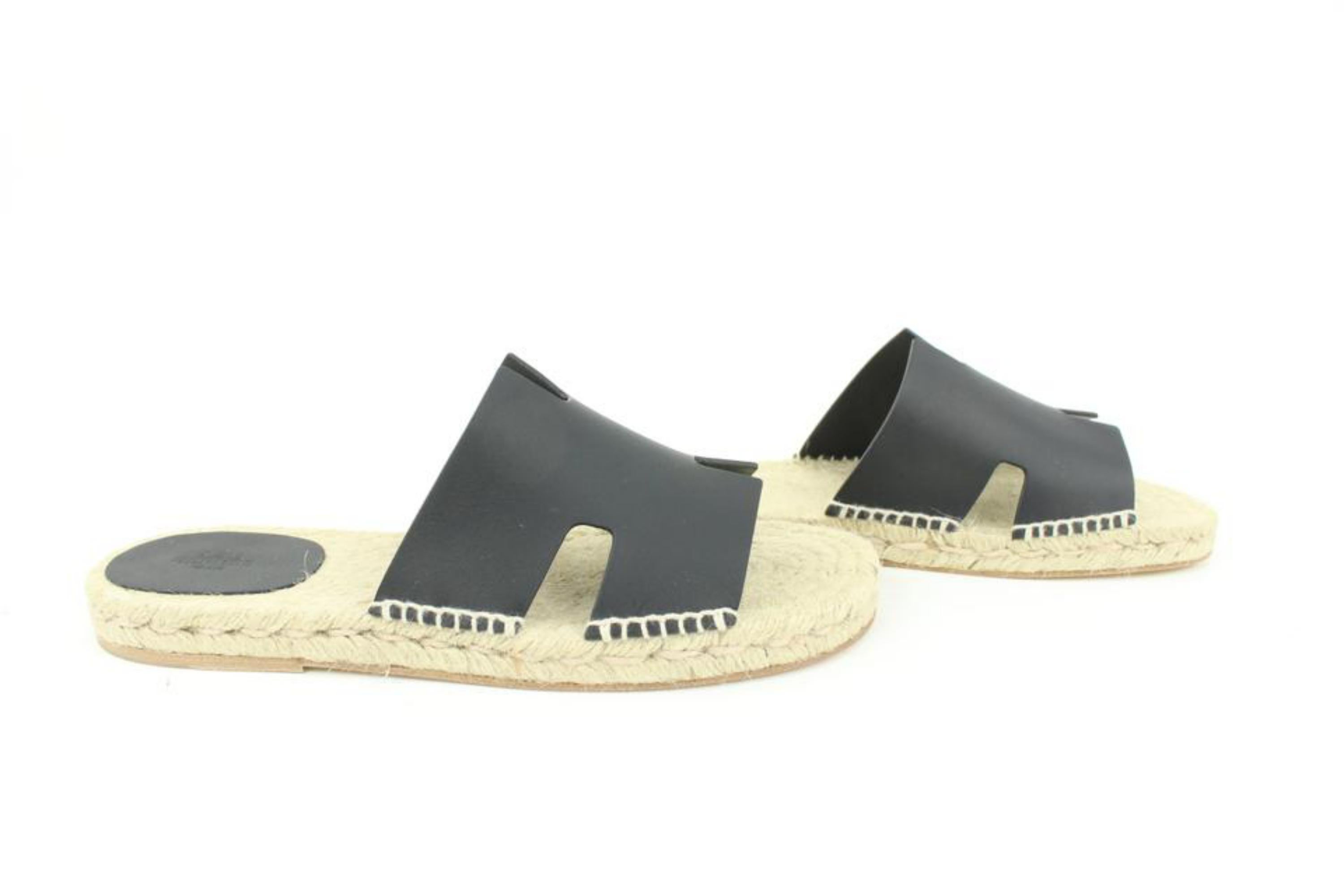 Beige Hermès Men's SZz42 Black Calfskin Antigua Espadrille Sandals Slides S126H56 For Sale