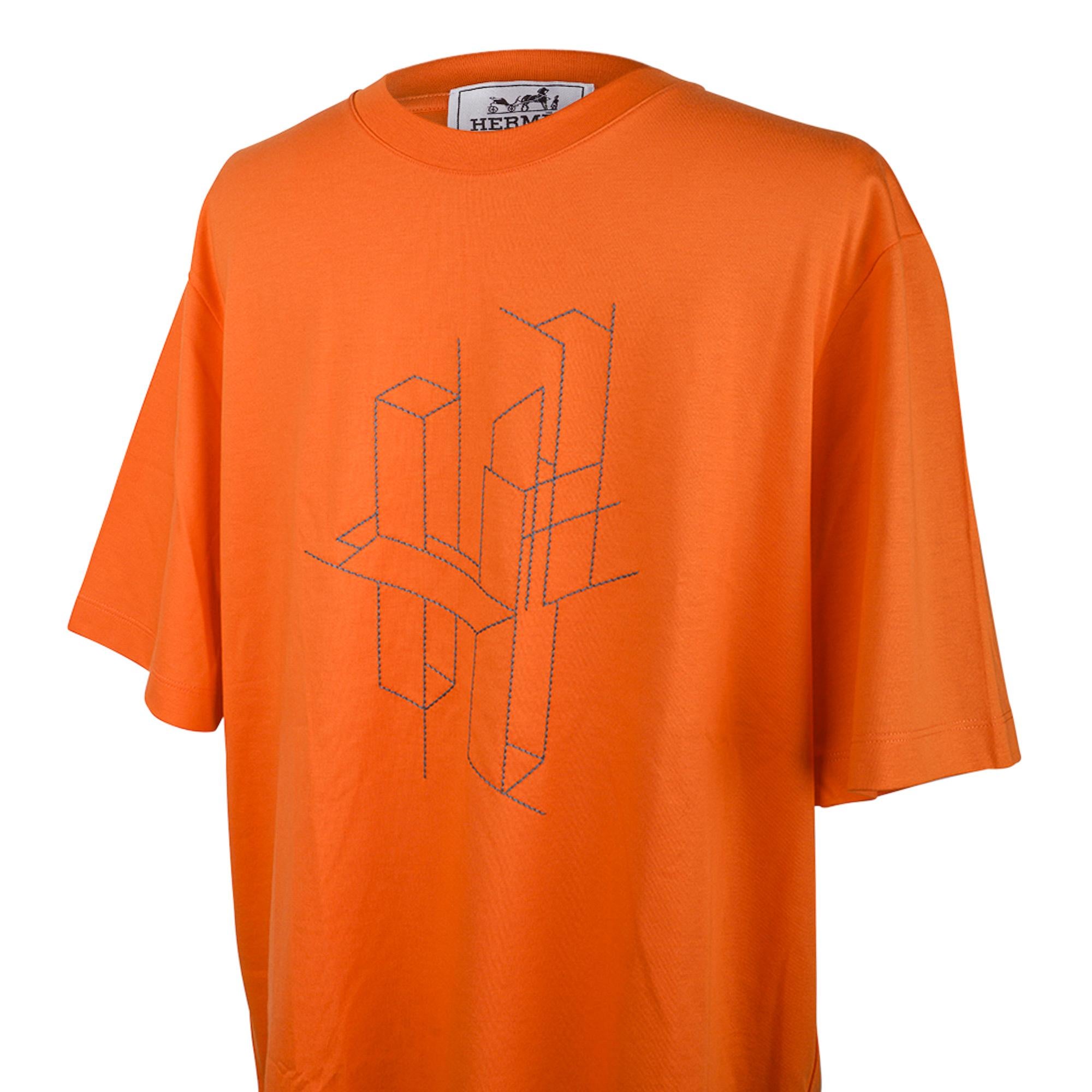 Hermes Men's T-Shirt H 3D Embroidery Orange Cotton M Neuf à Miami, FL