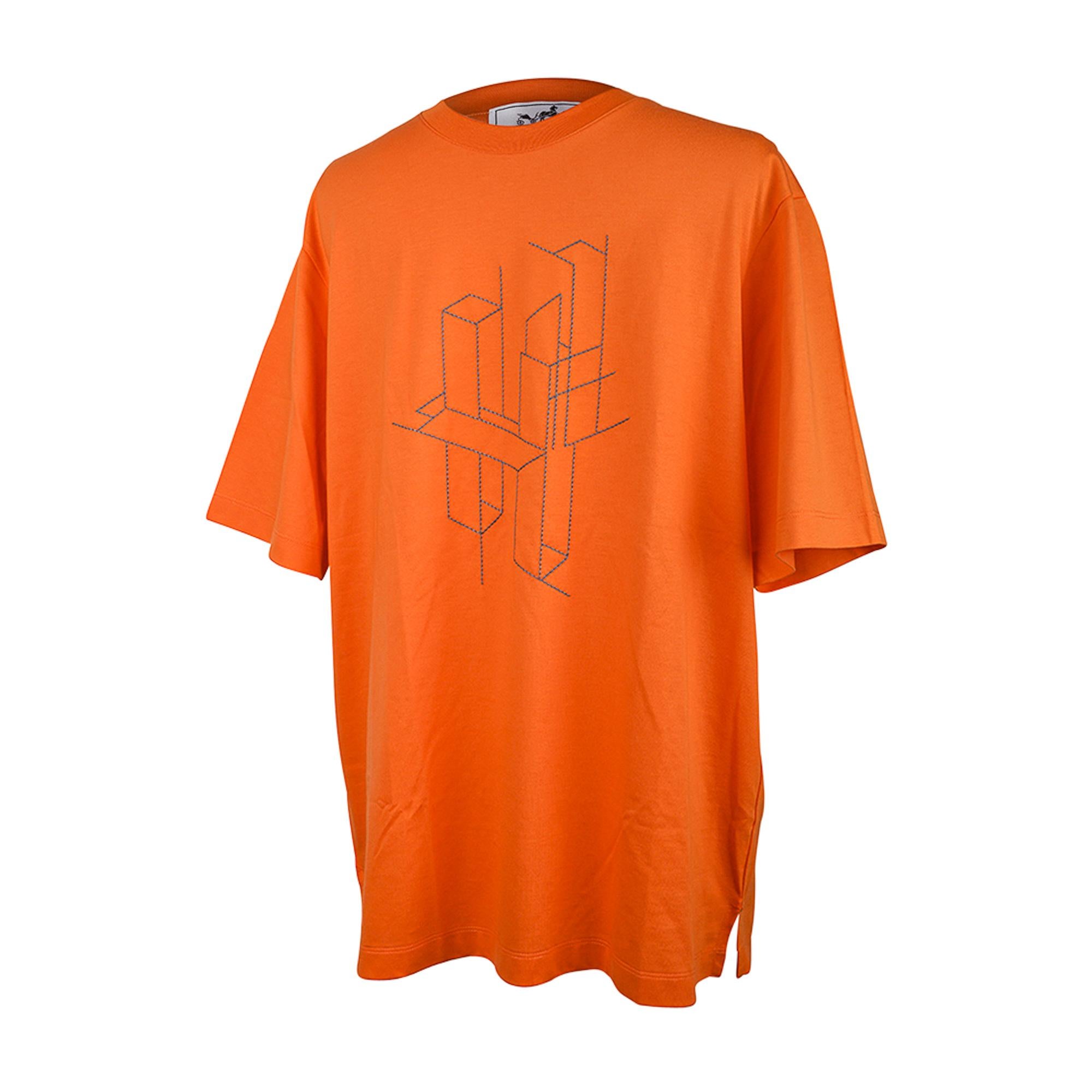  Hermes Men's T-Shirt H 3D Embroidery Orange Cotton M Pour hommes 